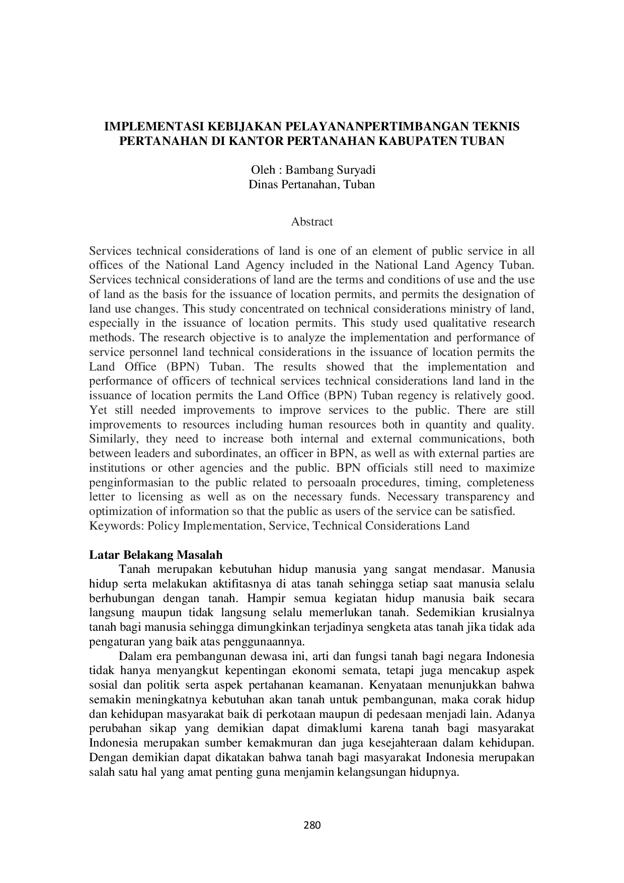 JURIS Implementasi Kebijakan Pelayanan Pertimbangan Teknis Pertanahan di Kantor Pertanahan Kabupaten Tuban