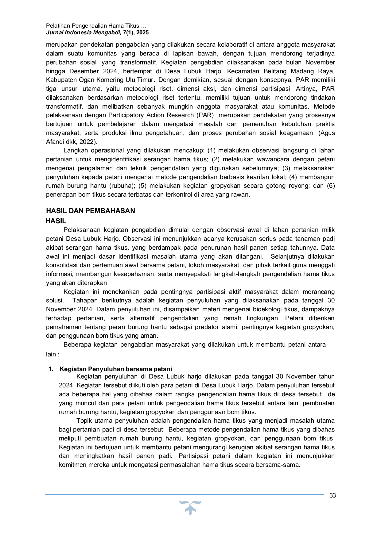 JURIS Pelatihan Pengendalian Hama Tikus di Desa Lubuk Harjo Kecamatan Belitang Madang Raya Kabupaten Ogan Komering Ulu Timur