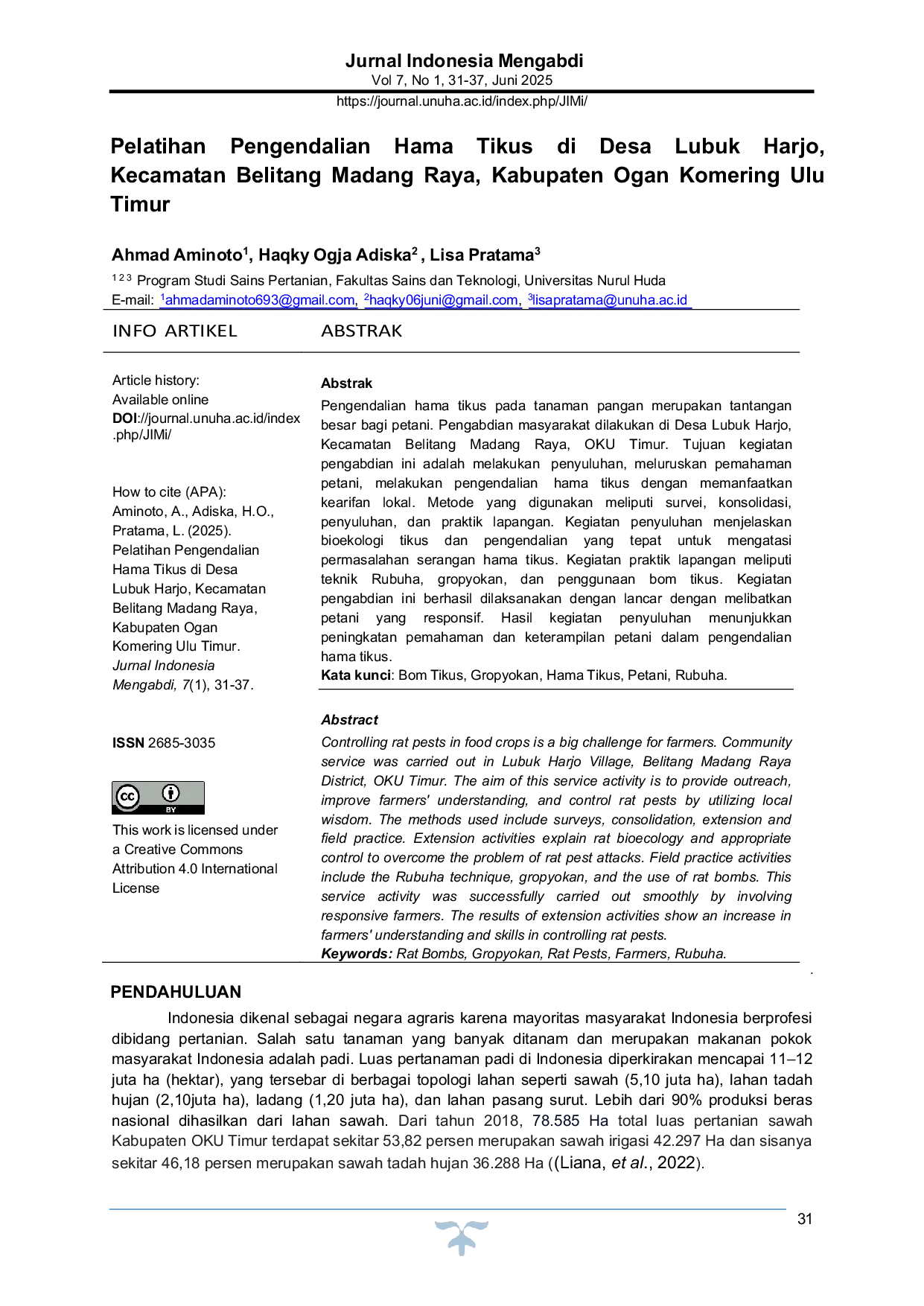 JURIS Pelatihan Pengendalian Hama Tikus di Desa Lubuk Harjo Kecamatan Belitang Madang Raya Kabupaten Ogan Komering Ulu Timur