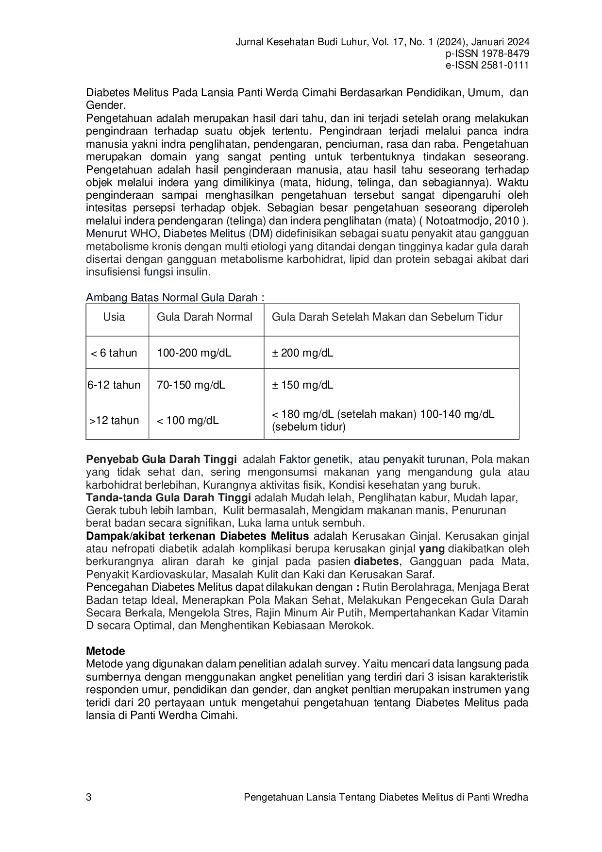 JURIS Knowledge of Elderly About Diabetes Mellitus in Cimahi Senior Homes Based on Education Age and Gender