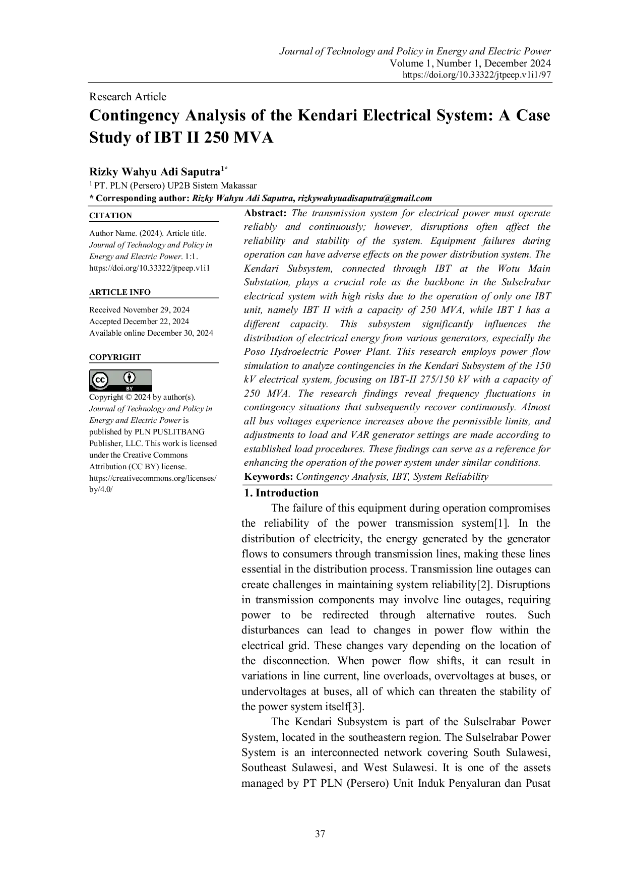 JURIS Contingency Analysis of the Kendari Electrical System A Case Study of IBT II 250 MVA
