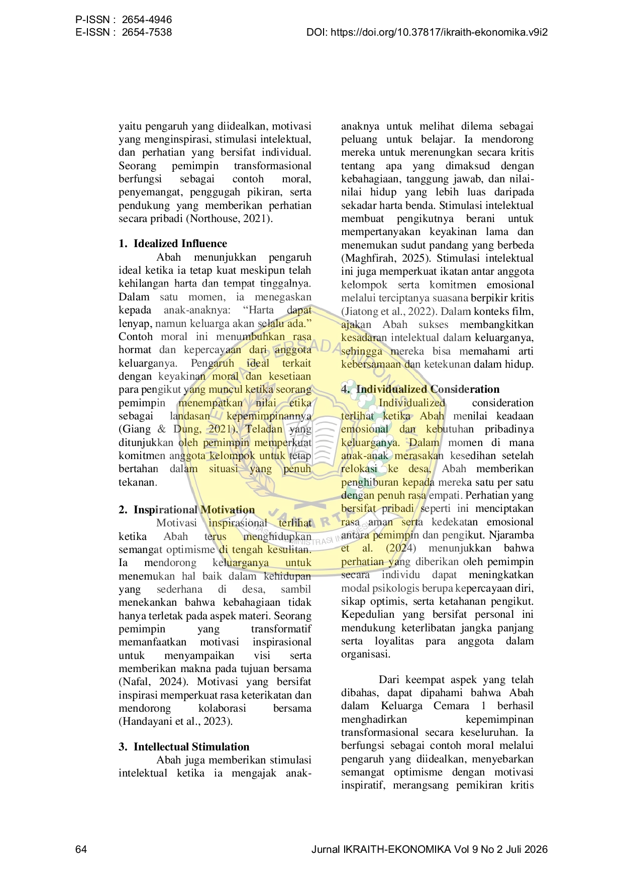 JURIS Representasi Kepemimpinan Transformasional Pada Karakter Abah dalam Film Keluarga Cemara 1