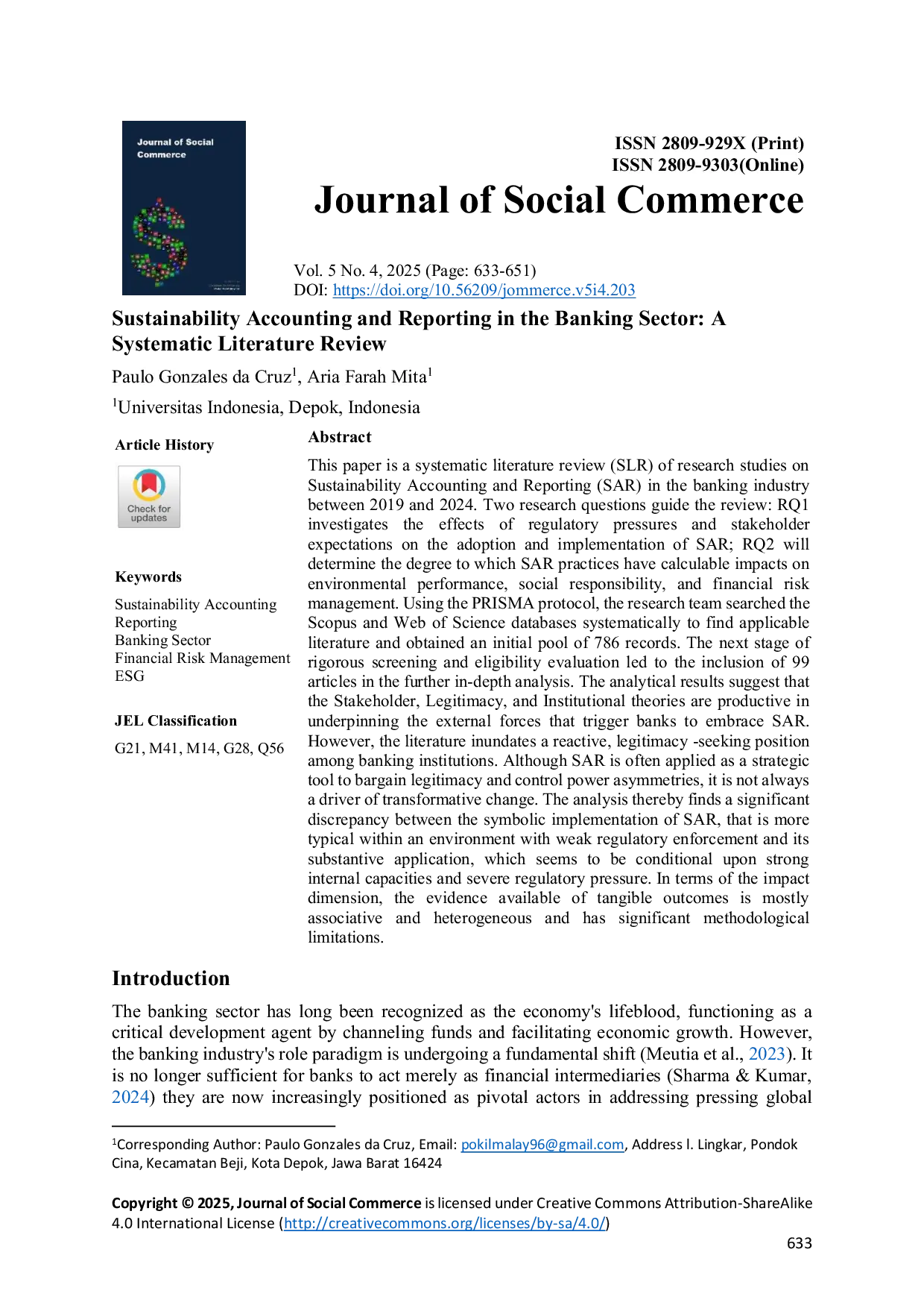 JURIS Sustainability Accounting and Reporting in the Banking Sector A Systematic Literature Review
