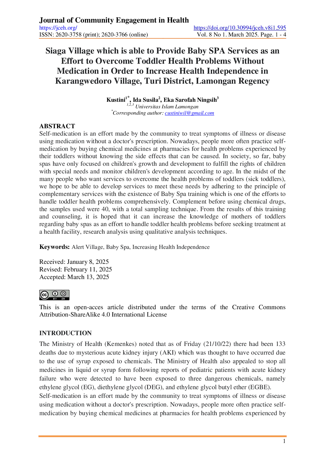 JURIS Siaga Village which is able to Provide Baby SPA Services as an Effort to Overcome Toddler Health Problems Without Medication in Order to Increase Health Independence in Karangwedoro Village Turi Dist