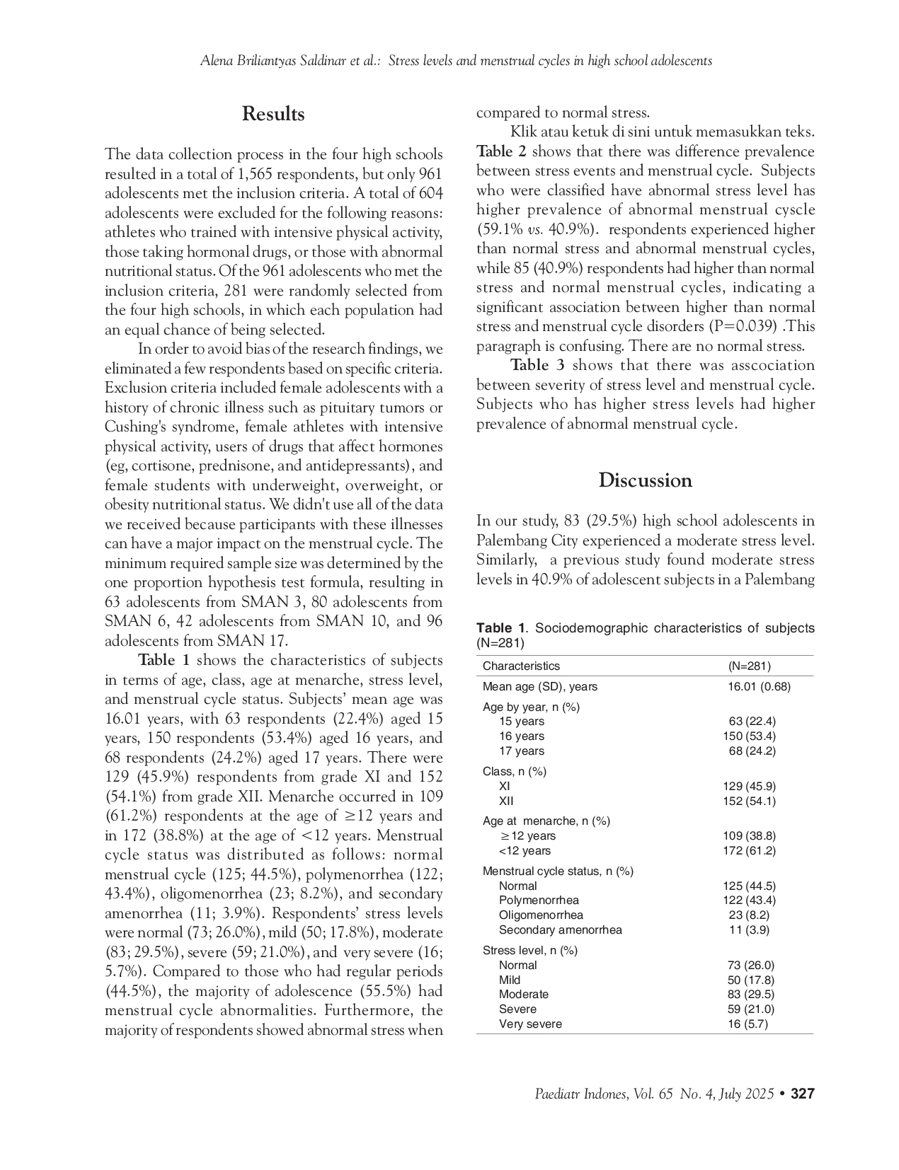 JURIS Stress levels and menstrual cycles in high school adolescents