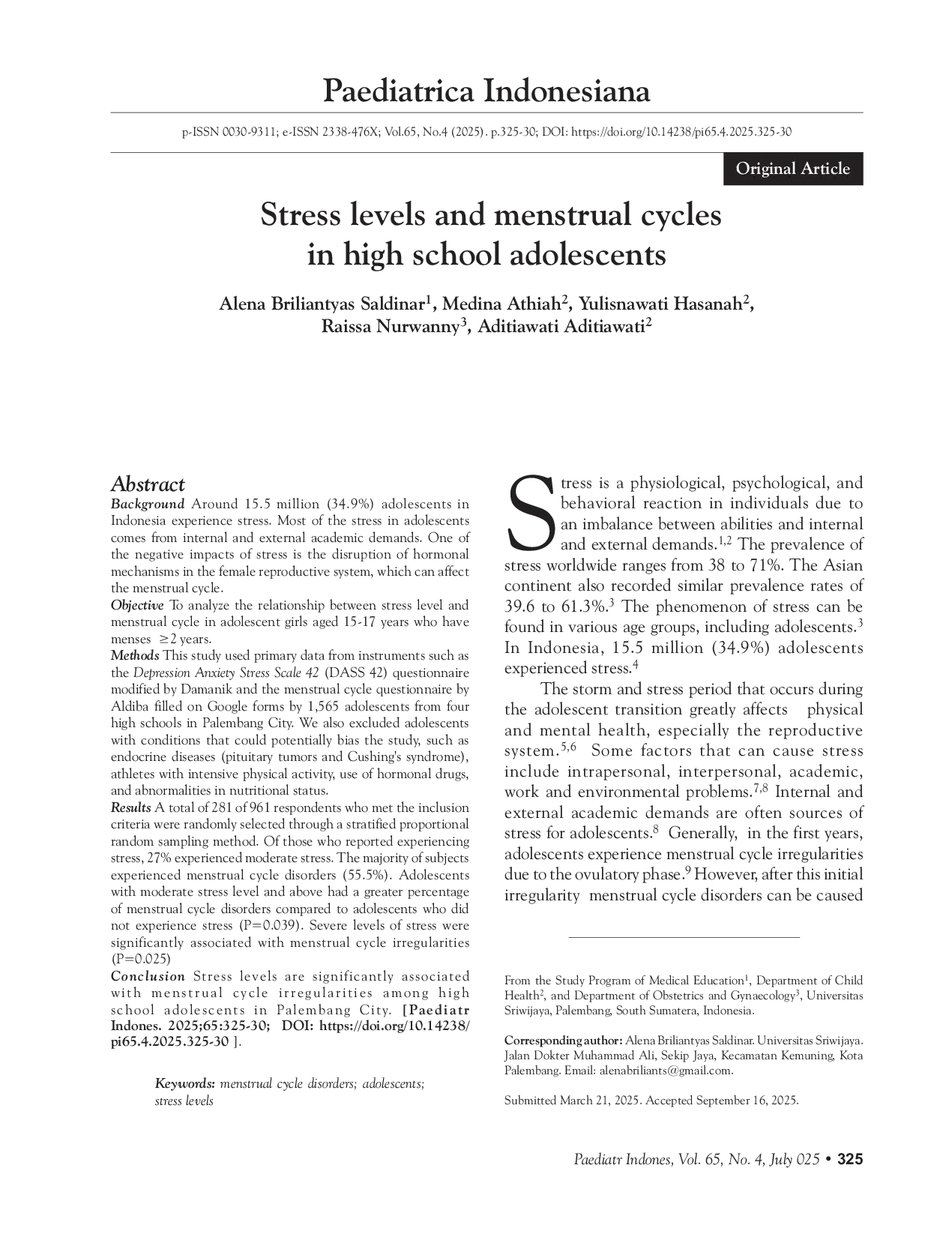 JURIS Stress levels and menstrual cycles in high school adolescents