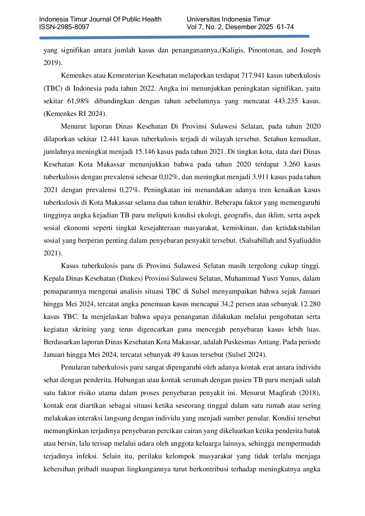 JURIS Hubungan Kondisi Fisik Rumah Dengan Kejadian Tuberkulosis Tbc Di Daerah Kerja Puskesmas Kanjilo Kabupaten Gowa