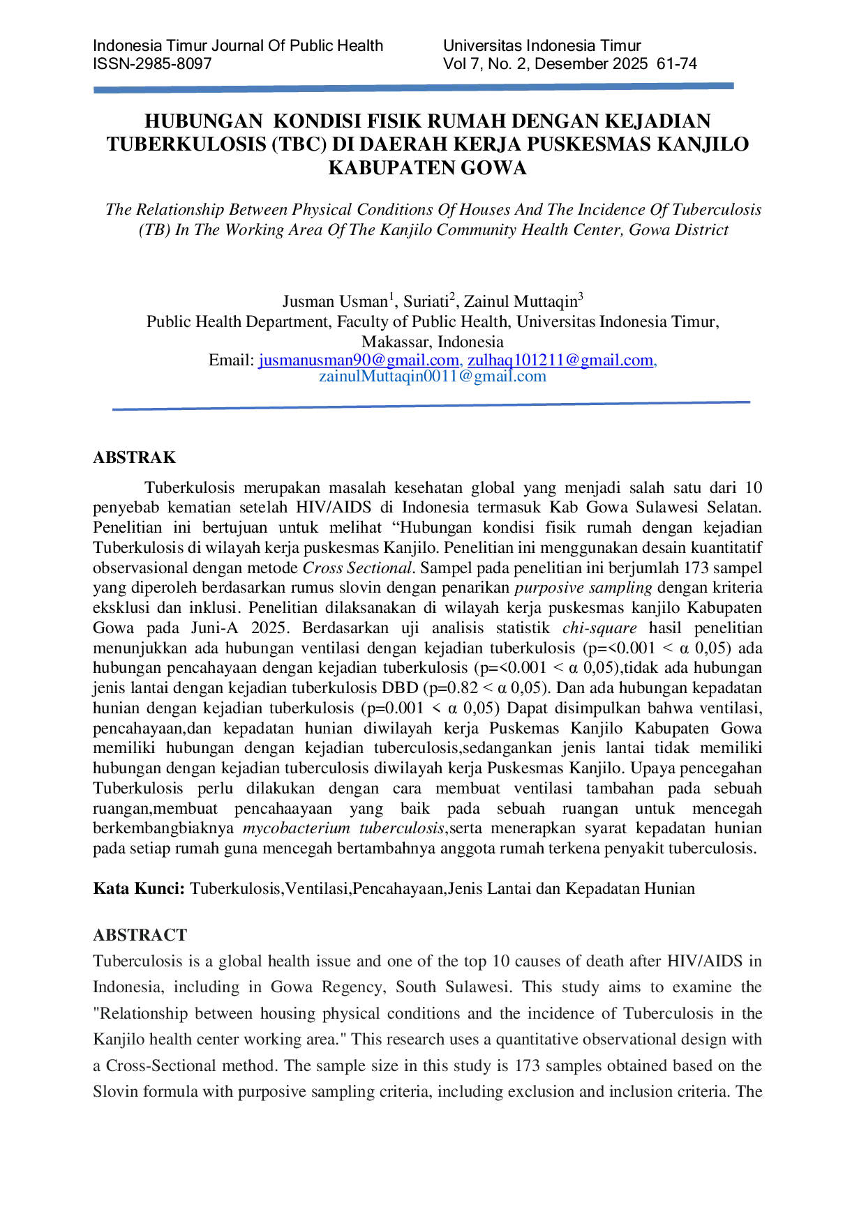 JURIS Hubungan Kondisi Fisik Rumah Dengan Kejadian Tuberkulosis Tbc Di Daerah Kerja Puskesmas Kanjilo Kabupaten Gowa