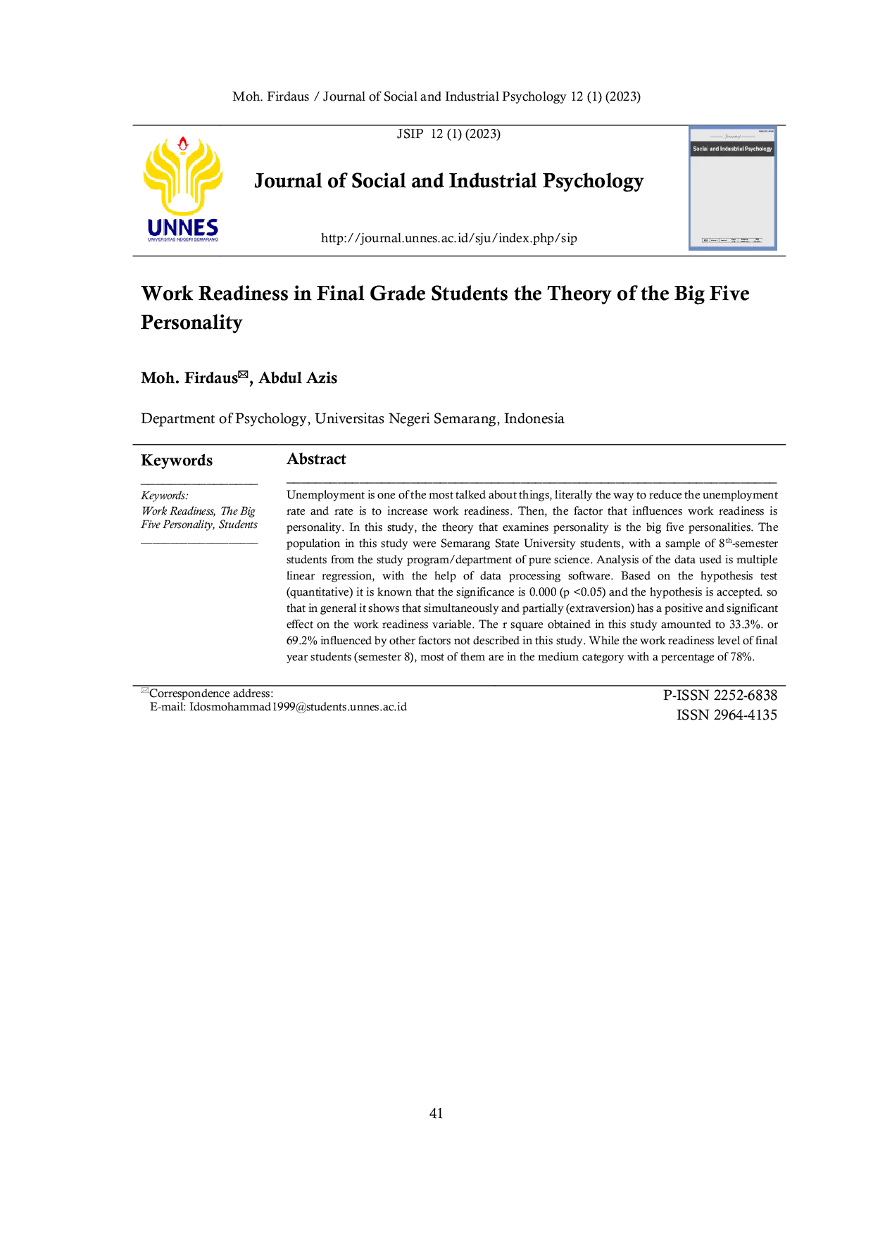 JURIS Work Readiness in Final Grade Students the Theory of the Big Five Personality