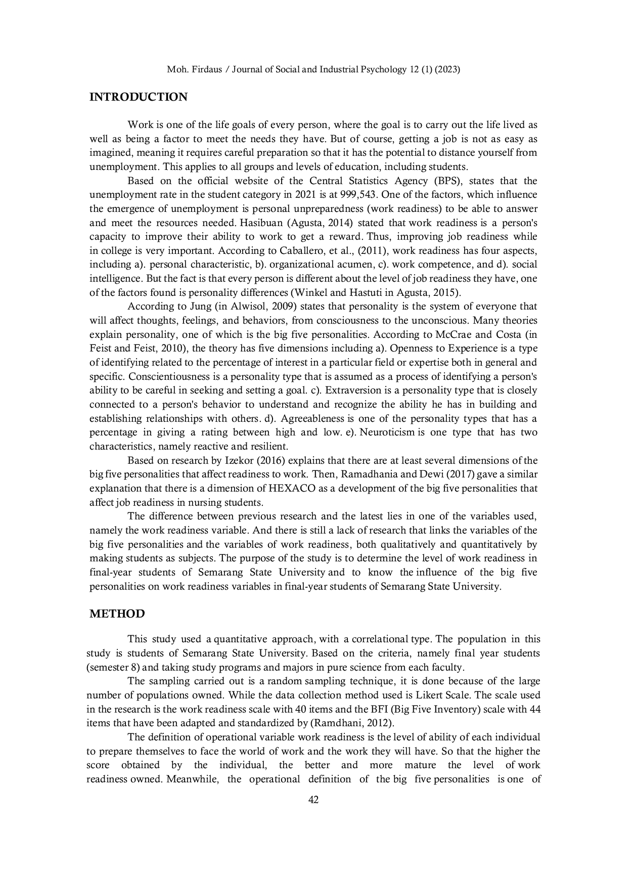 JURIS Work Readiness in Final Grade Students the Theory of the Big Five Personality