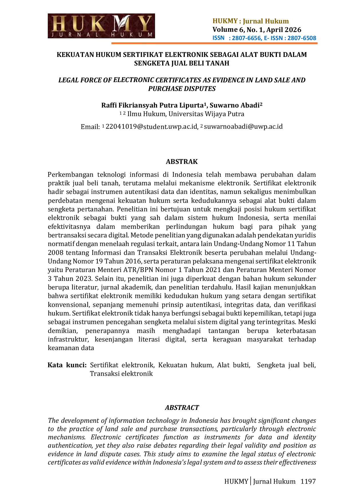 JURIS Kekuatan Hukum Sertifikat Elektronik Sebagai Alat Bukti Dalam Sengketa Jual Beli Tanah