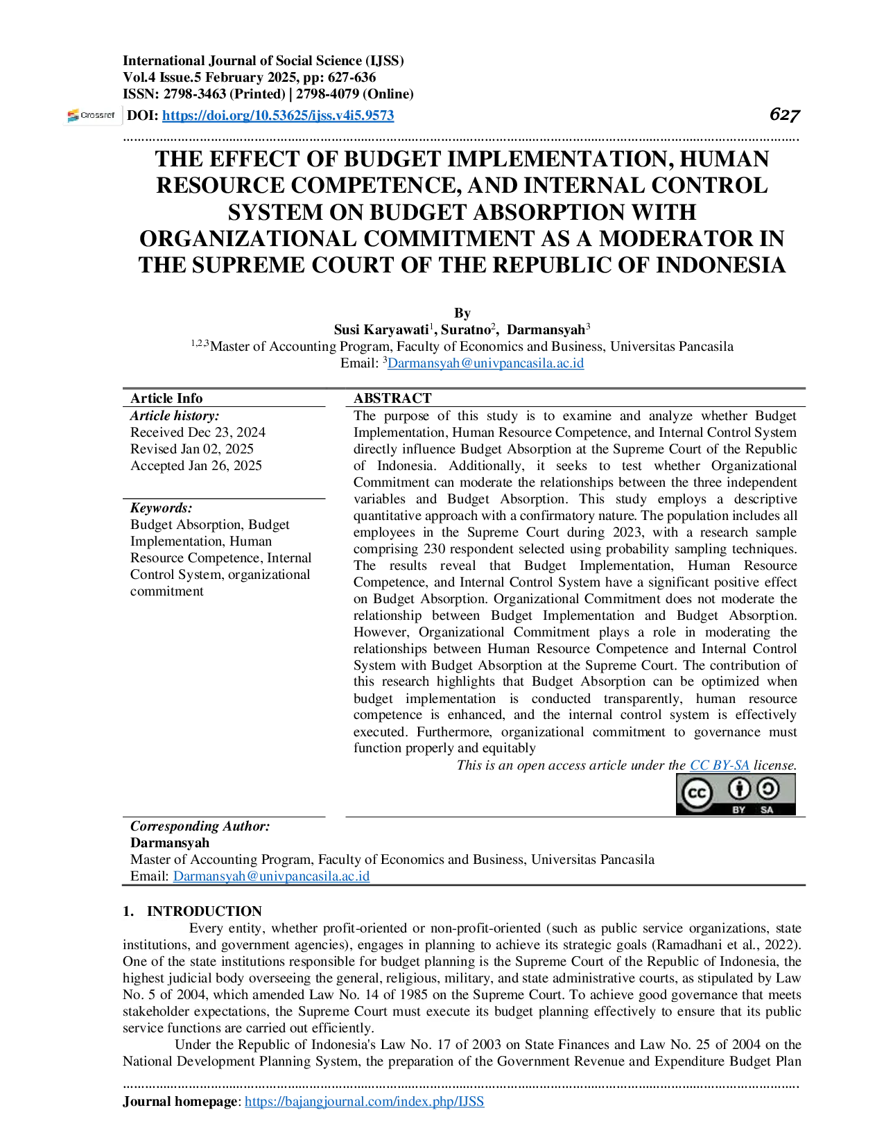 JURIS THE EFFECT OF BUDGET IMPLEMENTATION HUMAN RESOURCE COMPETENCE AND INTERNAL CONTROL SYSTEM ON BUDGET ABSORPTION WITH ORGANIZATIONAL COMMITMENT AS A MODERATOR IN THE SUPREME COURT OF THE REPUBLIC OF I