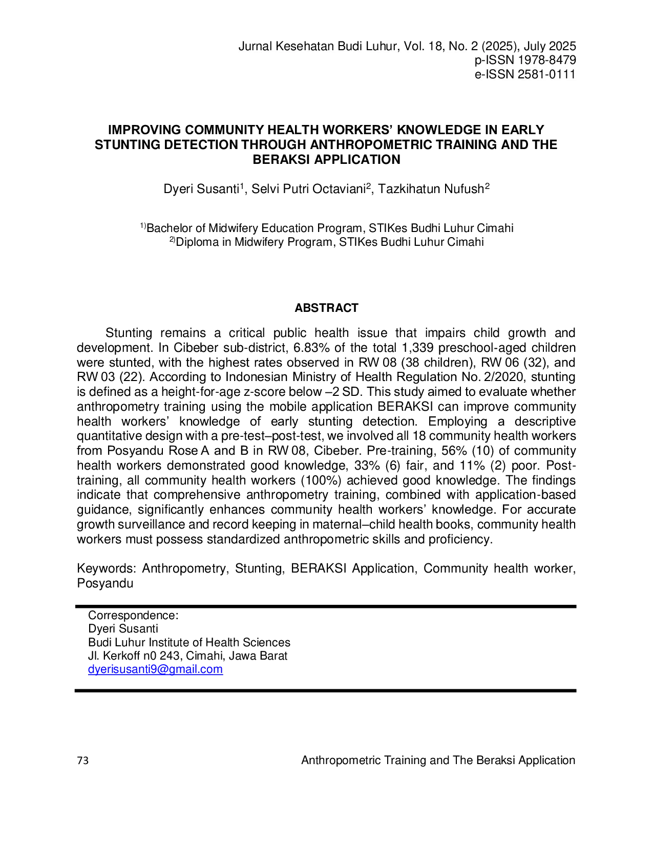 JURIS Improving Community Health Workers Knowledge in Early Stunting Detection Through Anthropometric Training and The Beraksi Application