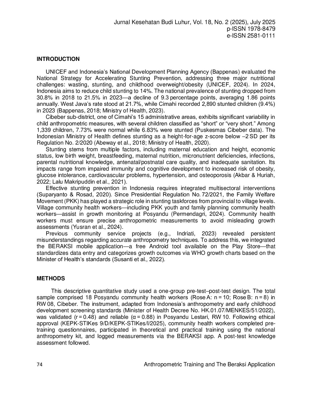 JURIS Improving Community Health Workers Knowledge in Early Stunting Detection Through Anthropometric Training and The Beraksi Application