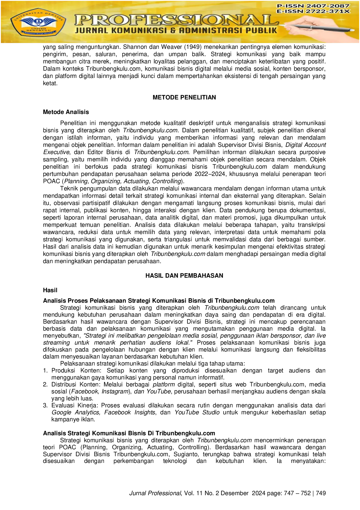 JURIS Strategi Komunikasi Bisnis Media Online Tribunbengkulu