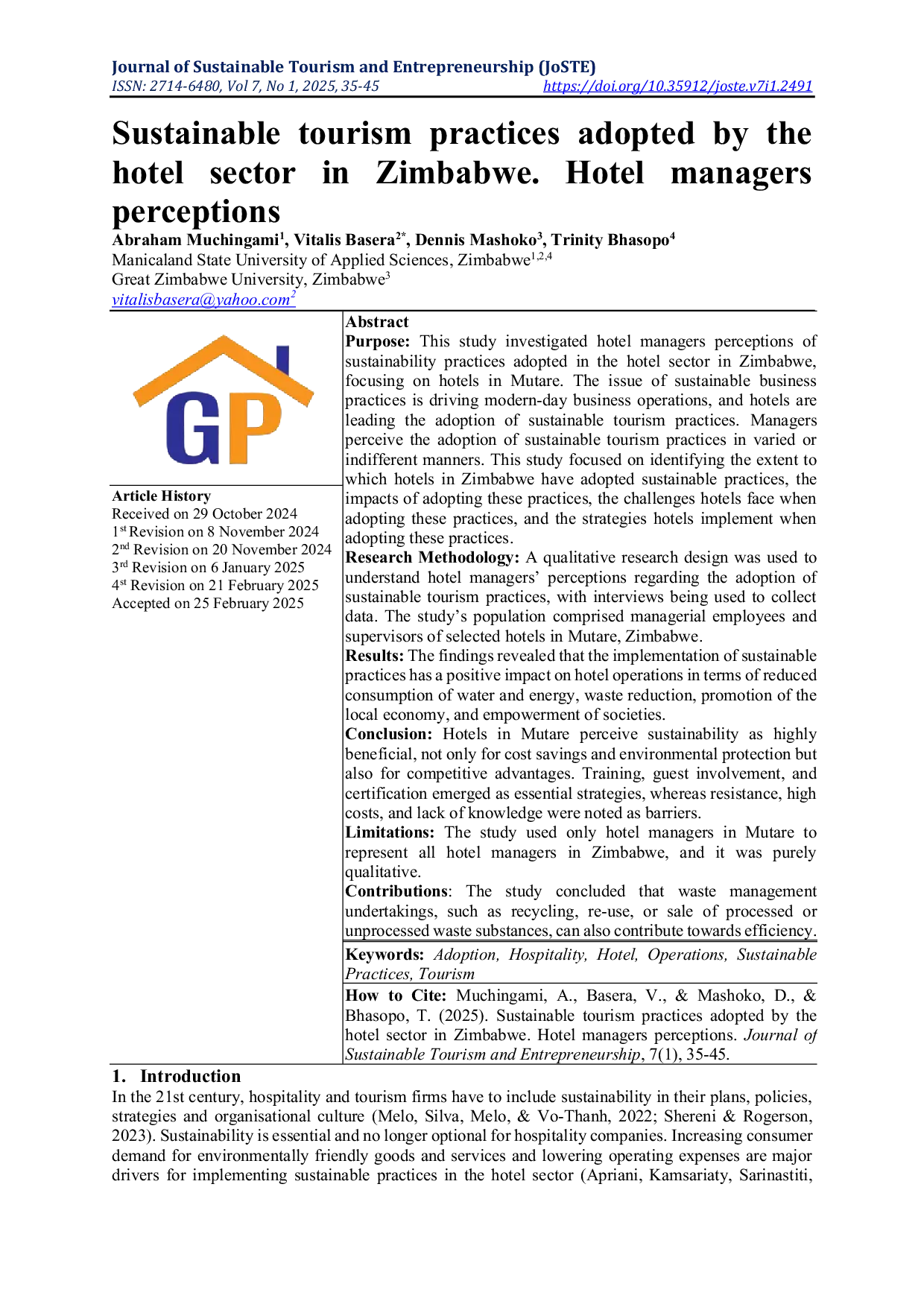 JURIS Sustainable tourism practices adopted by the hotel sector in Zimbabwe Hotel managers perceptions