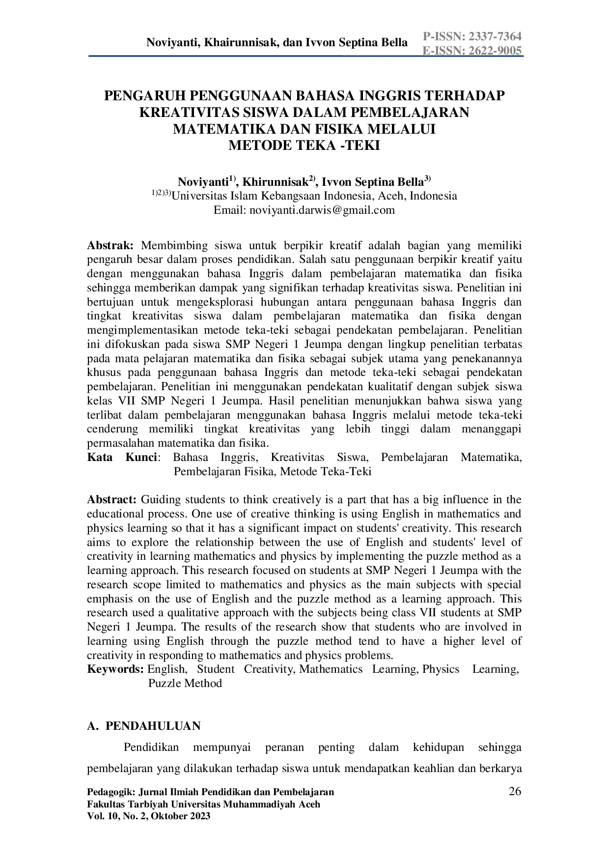 JURIS Pengaruh Penggunaan Bahasa Inggris Terhadap Kreativitas Siswa Dalam Pembelajaran Matematika Dan Fisika Melalui Metode Teka Teki