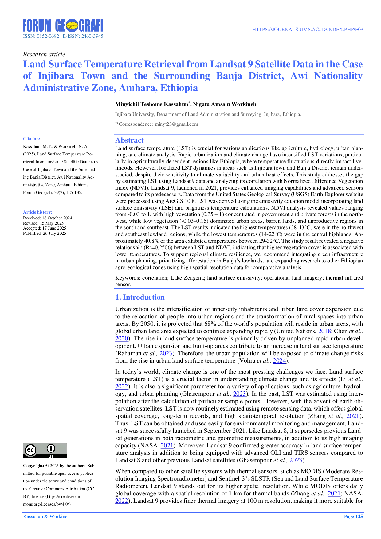 JURIS Land Surface Temperature Retrieval from Landsat 9 Satellite Data in the Case of Injibara Town and the Surrounding Banja District Awi Nationality Administrative Zone Amhara Ethiopia