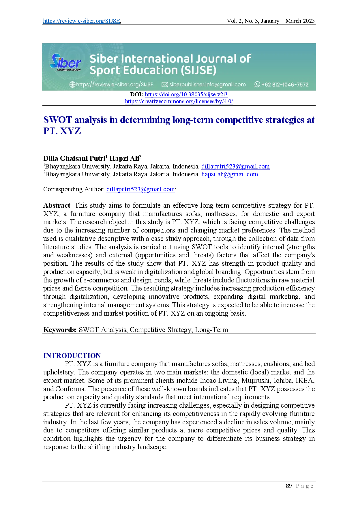 juris SWOT analysis in determining long term competitive strategies at PT XYZ