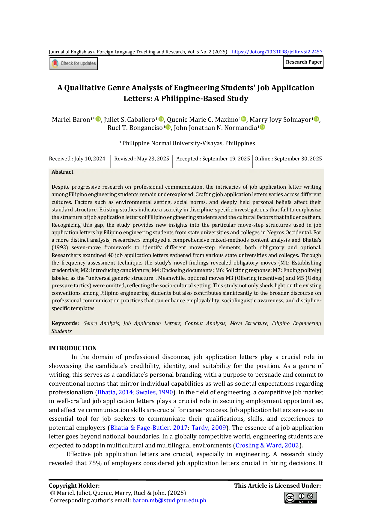 JURIS A Qualitative Genre Analysis of Engineering Students Job Application Letters A Philippine Based Study