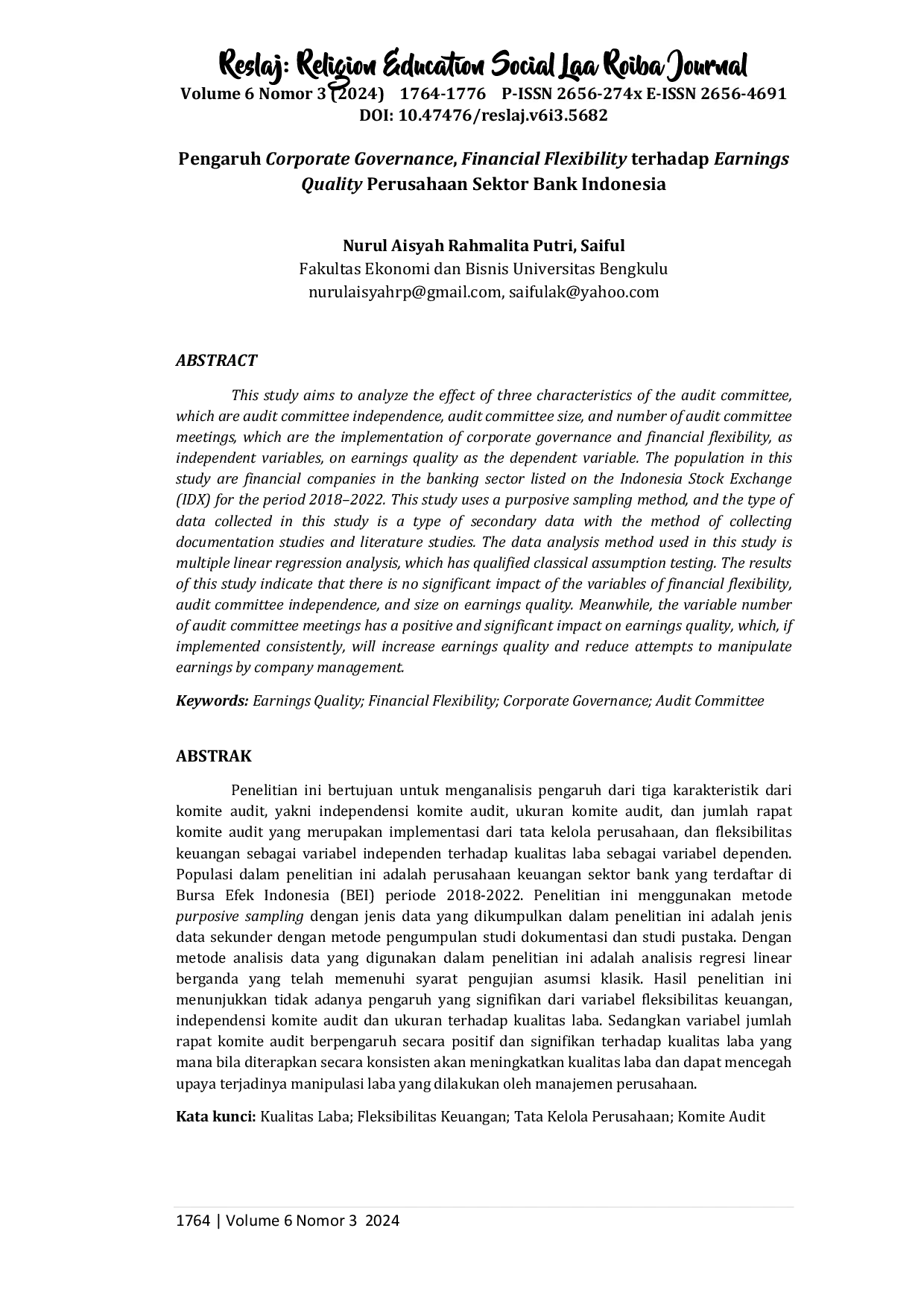 JURIS Pengaruh Corporate Governance Financial Flexibility terhadap Earnings Quality Perusahaan Sektor Bank Indonesia
