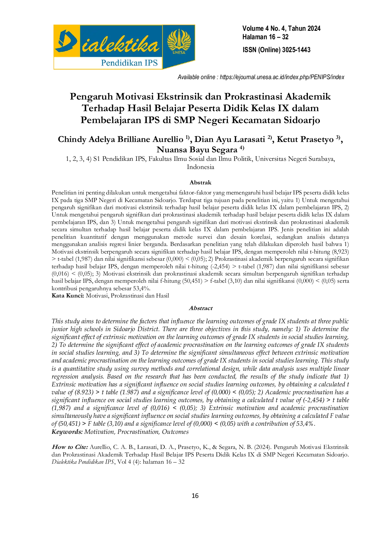 JURIS Pengaruh Motivasi Ekstrinsik dan Prokrastinasi Akademik Terhadap Hasil Belajar Peserta Didik Kelas IX dalam Pembelajaran IPS di SMP Negeri Kecamatan Sidoarjo