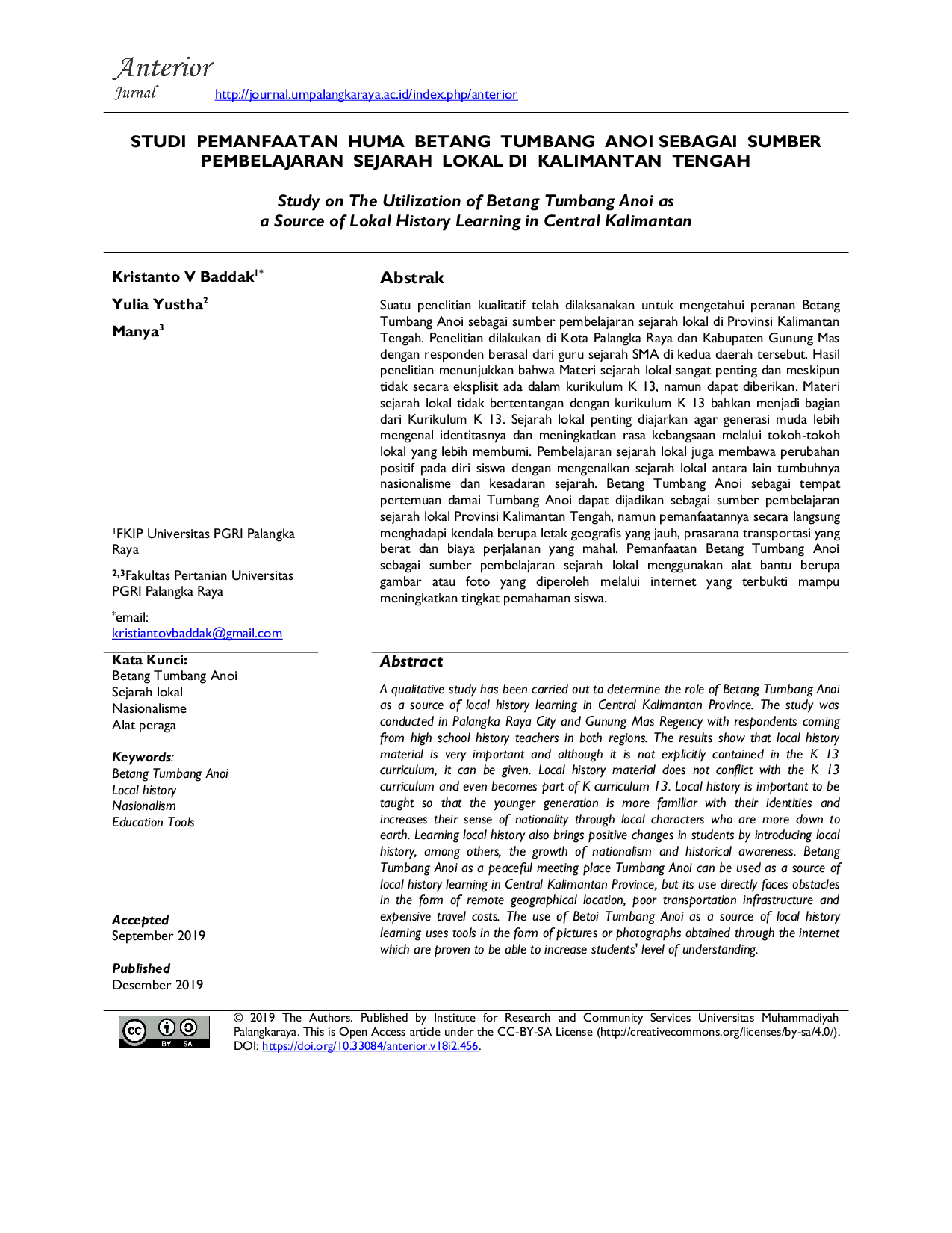 JURIS Studi Pemanfaatan Huma Betang Tumbang Anoi sebagai Sumber Pembelajaran Sejarah Lokal di Kalimantan Tengah