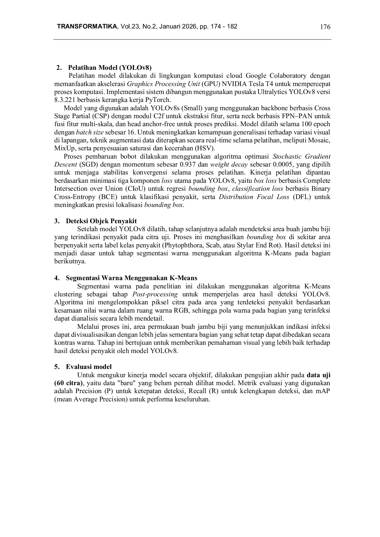 JURIS Deteksi Area Penyakit Jambu Biji menggunakan YOLOv8 dan K Means Clustering