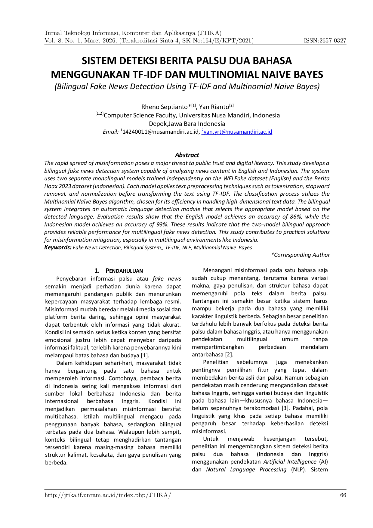JURIS Sistem Deteksi Berita Palsu Dua Bahasa Menggunakan TF IDF dan Multinomial Naive Bayes