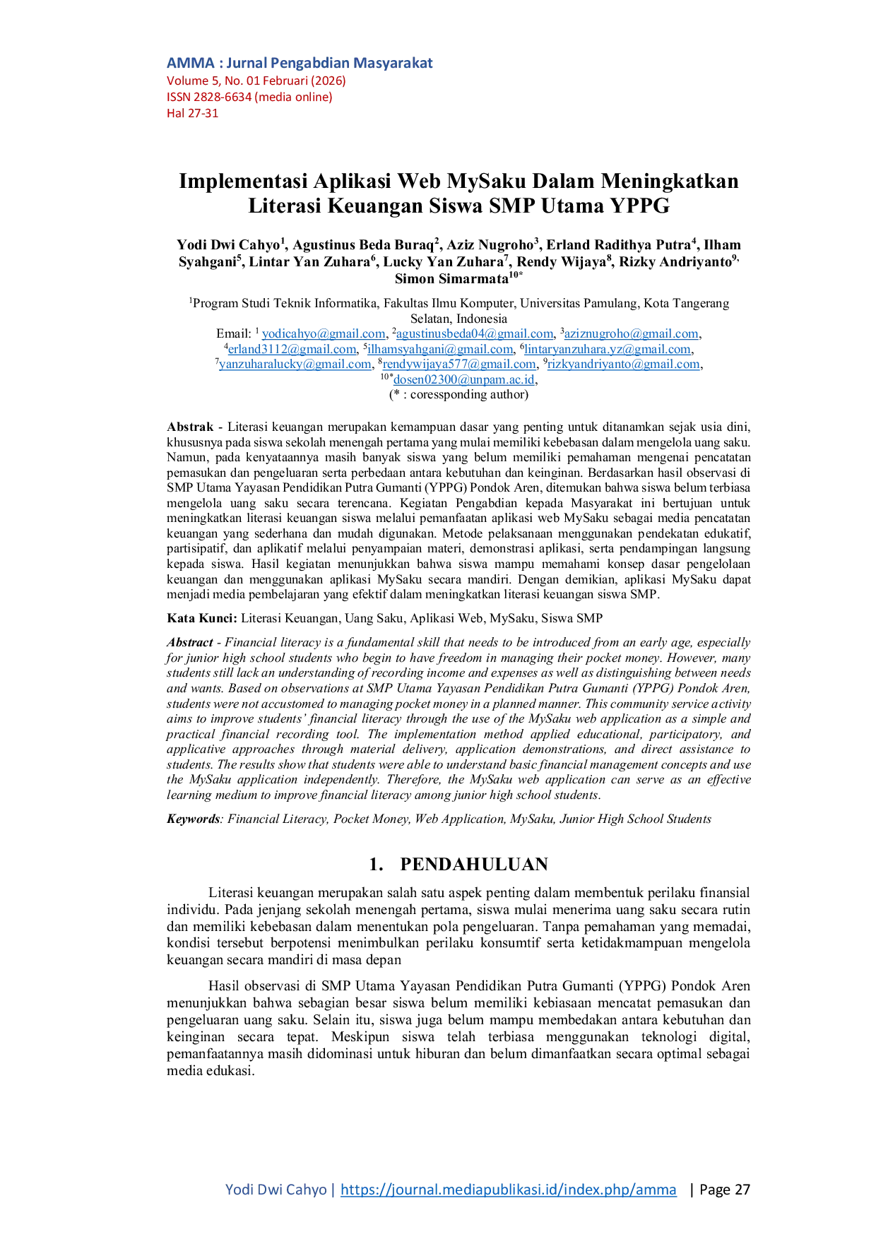 JURIS Implementasi Aplikasi Web MySaku Dalam Meningkatkan Literasi Keuangan Siswa SMP Utama YPPG