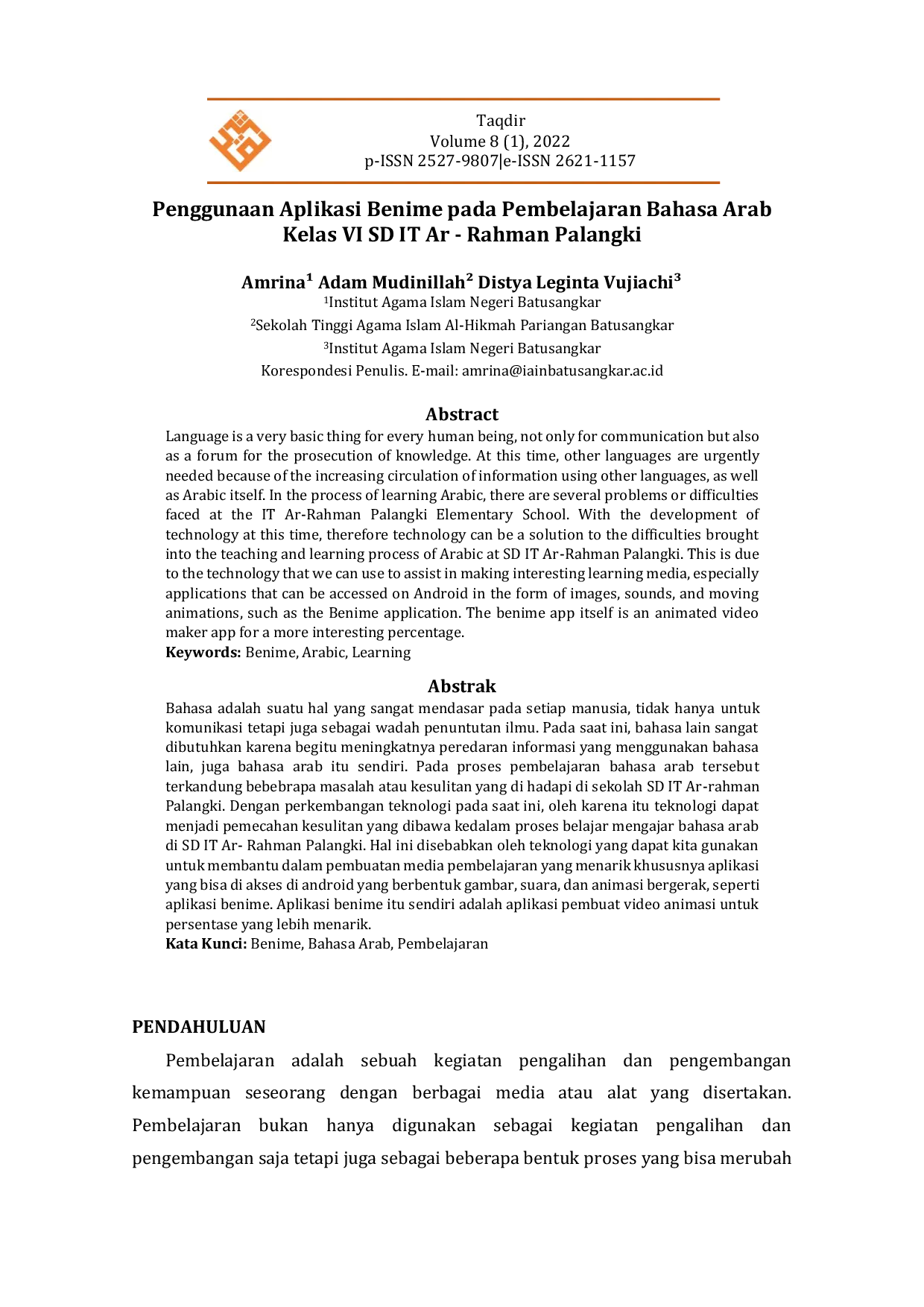 JURIS Penggunaan Aplikasi Benime pada Pembelajaran Bahasa Arab Kelas VI SD IT Ar Rahman Palangki