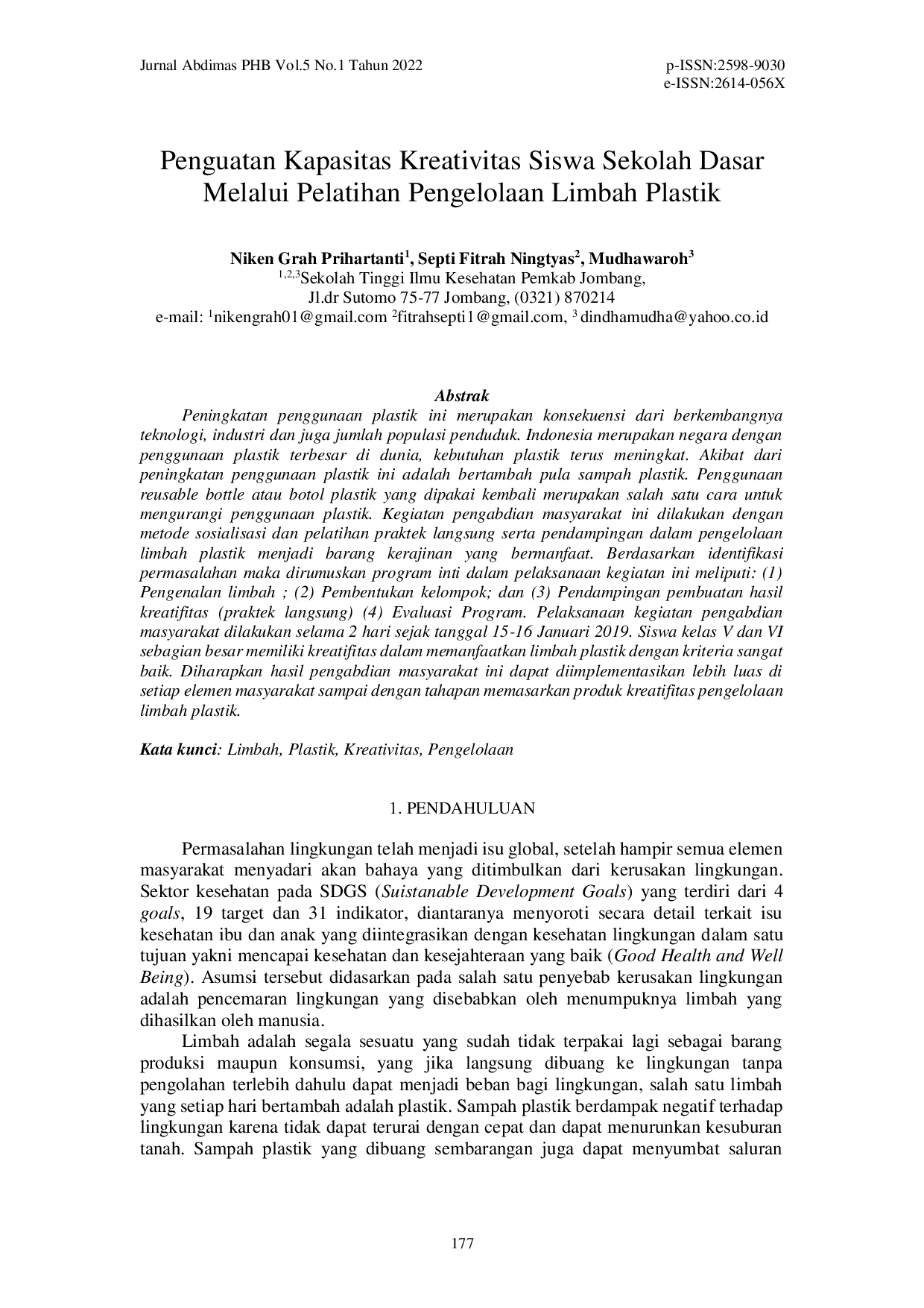 juris Penguatan Kapasitas Kreativitas Siswa Sekolah Dasar Melalui Pelatihan Pengelolaan Limbah Plastik