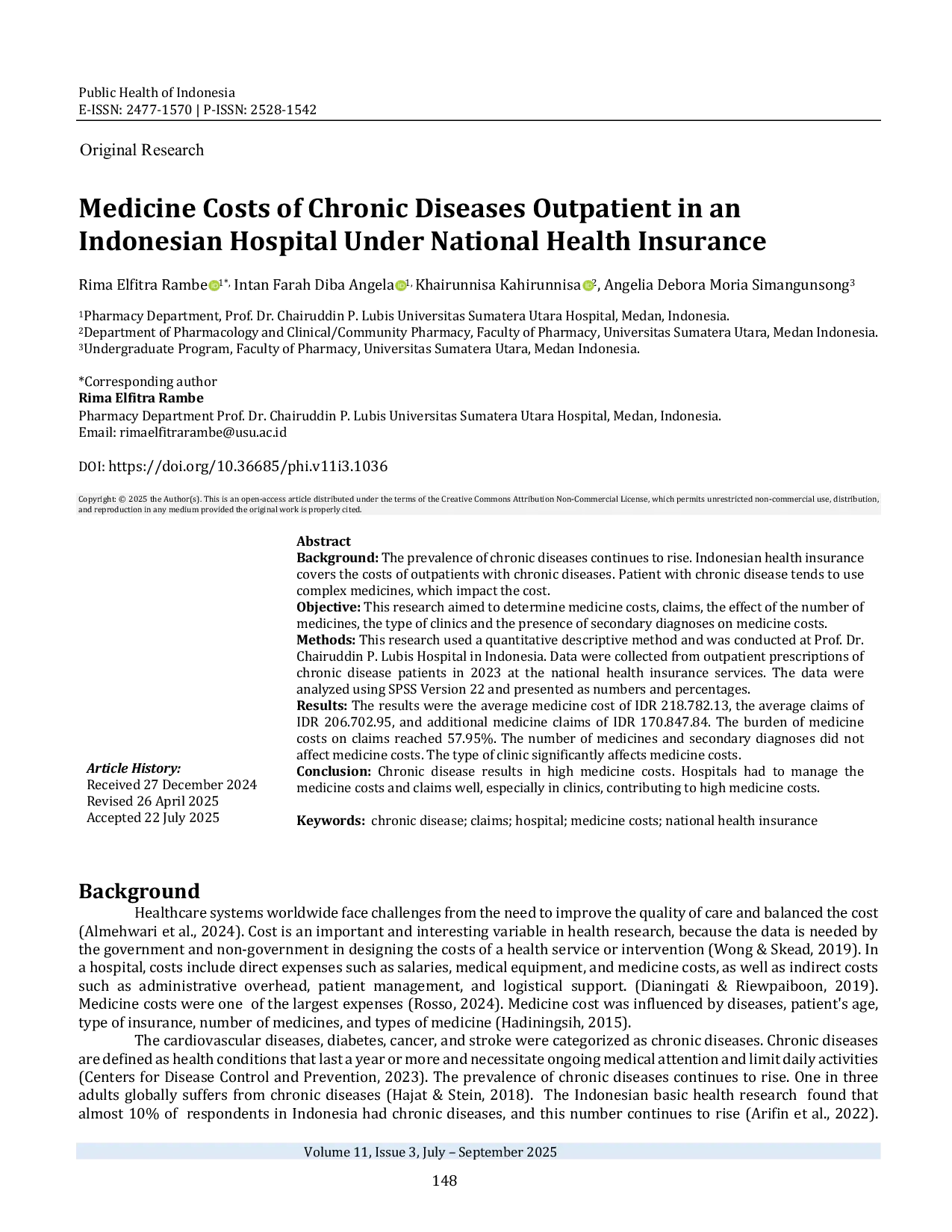 JURIS Medicine Costs of Chronic Diseases Outpatient in an Indonesian Hospital Under National Health Insurance