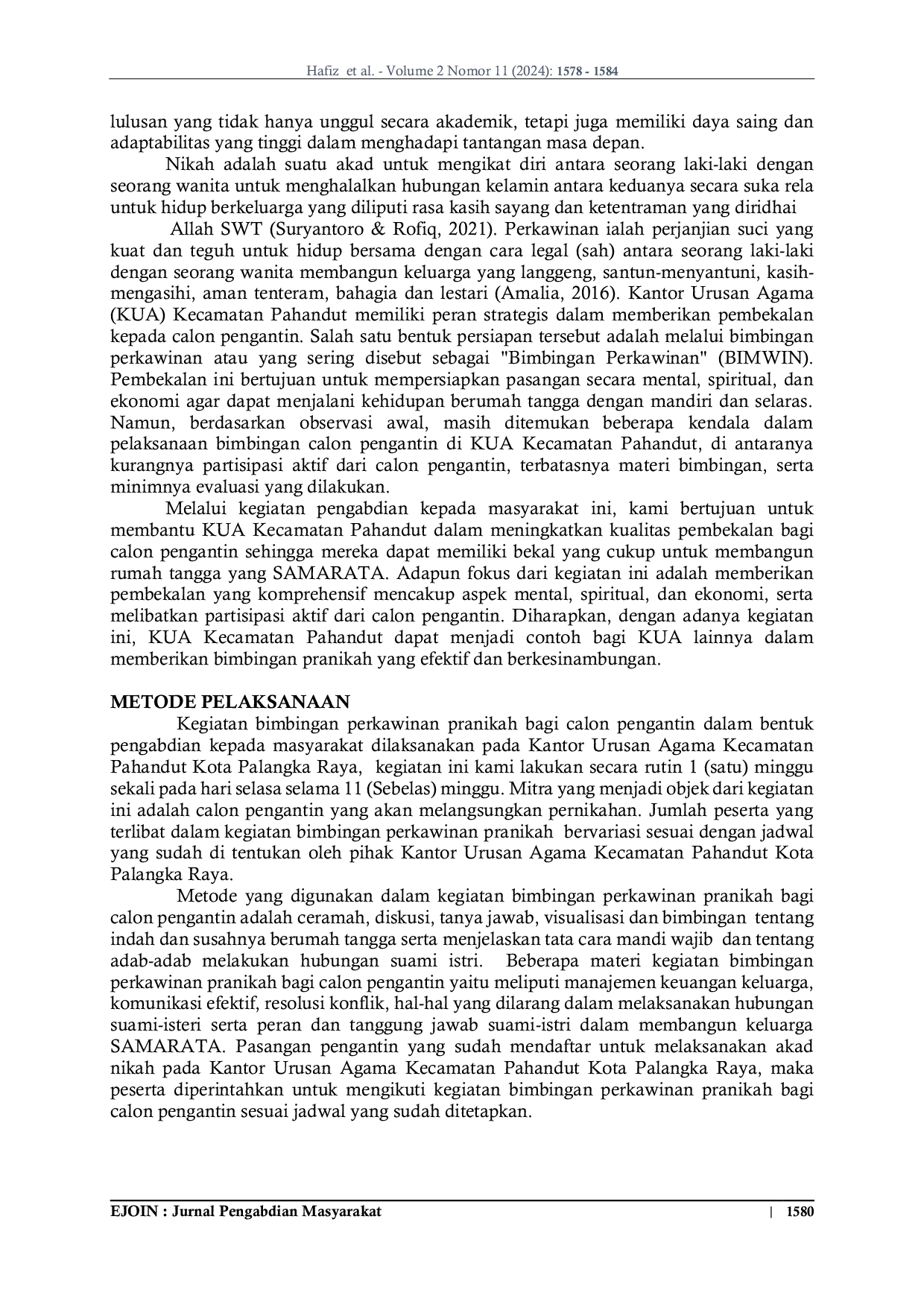 JURIS Pembekalan Dalam Bimbingan Pranikah Calon Pengantin Di Kantor Urusan Agama Kecamatan Pahandut Untuk Mewujudkan Keluarga Samarata