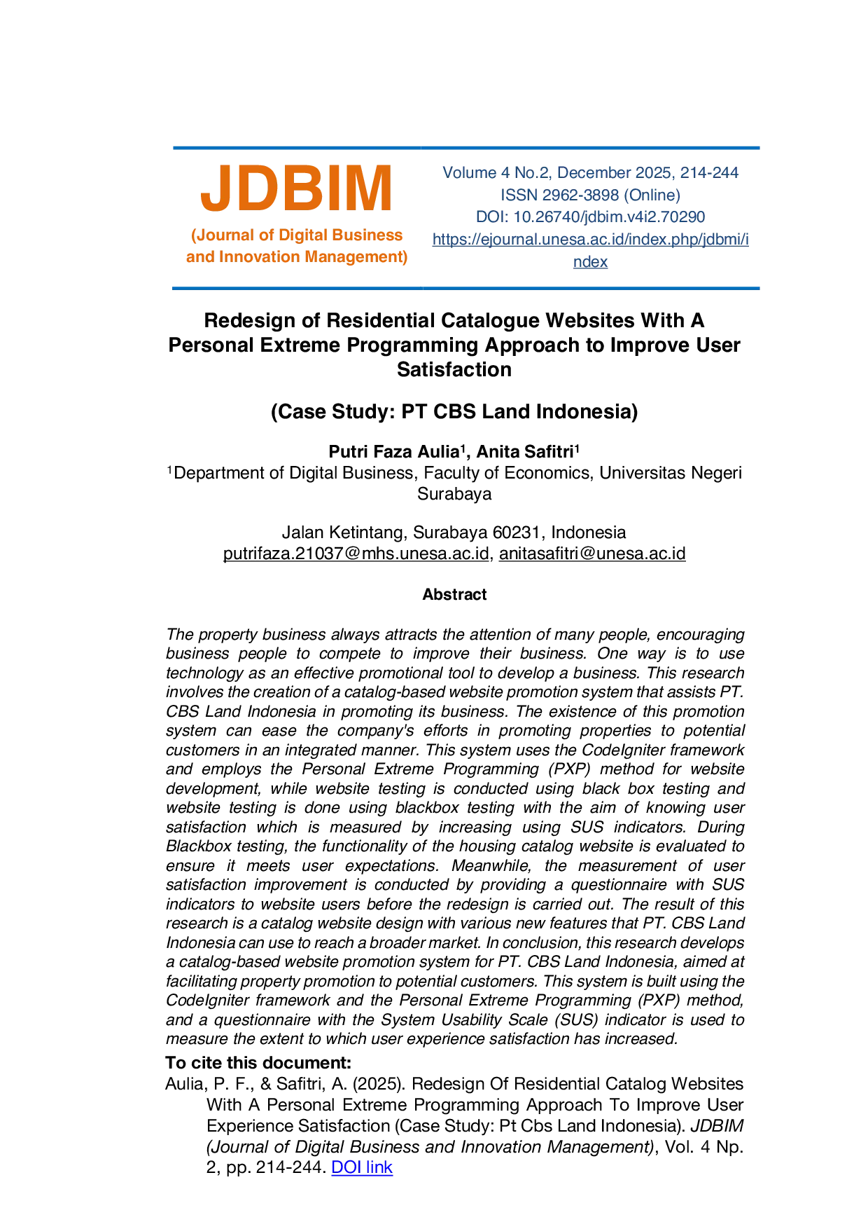 JURIS Redesign of Residential Catalogue Websites with a Personal Extreme Programming Approach to Improve User Experience Satisfaction Case Study PT CBS Land Indonesia