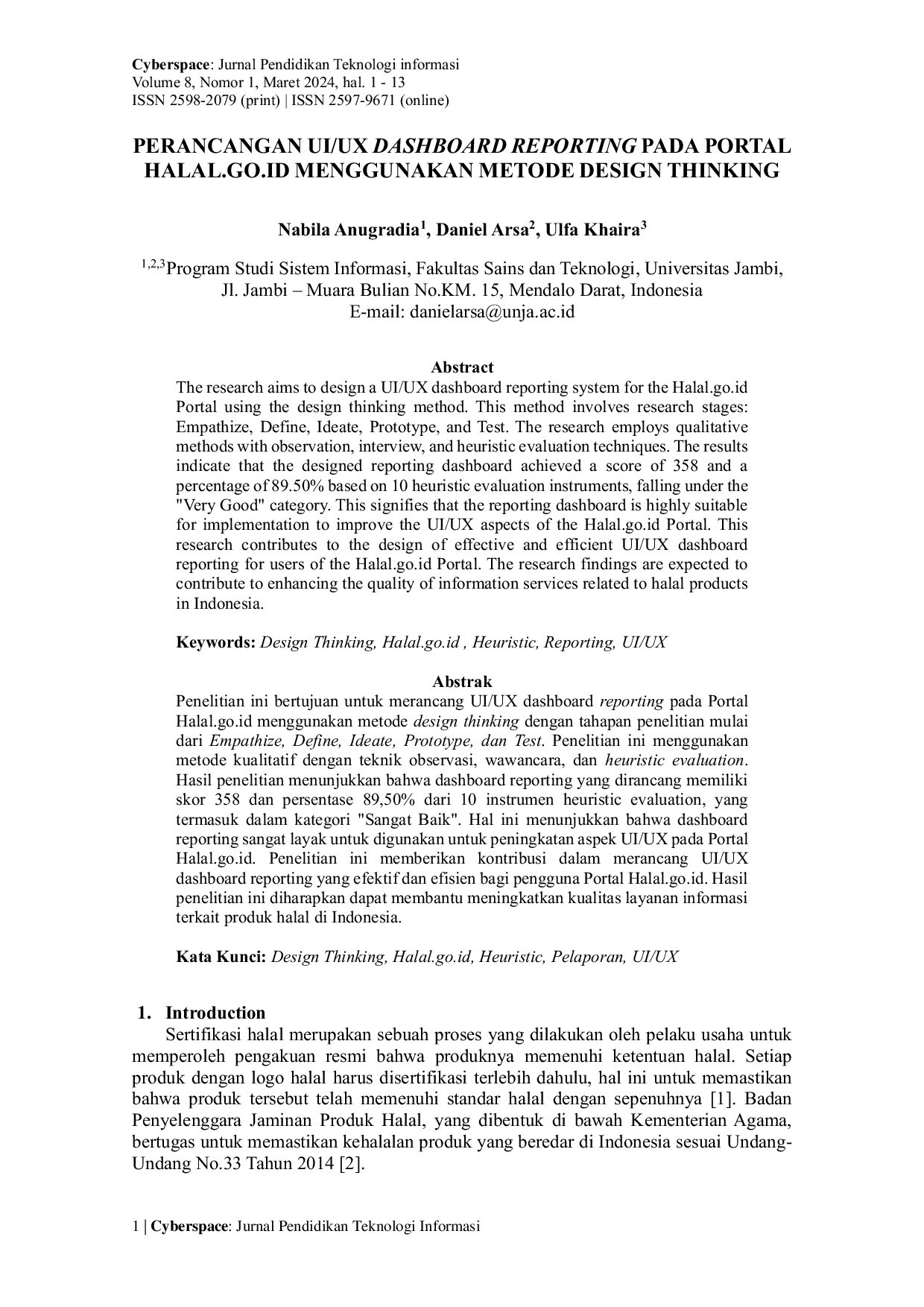 JURIS Perancangan UI UX Dashboard Reporting pada Portal Halal go Menggunakan Metode Design Thinking