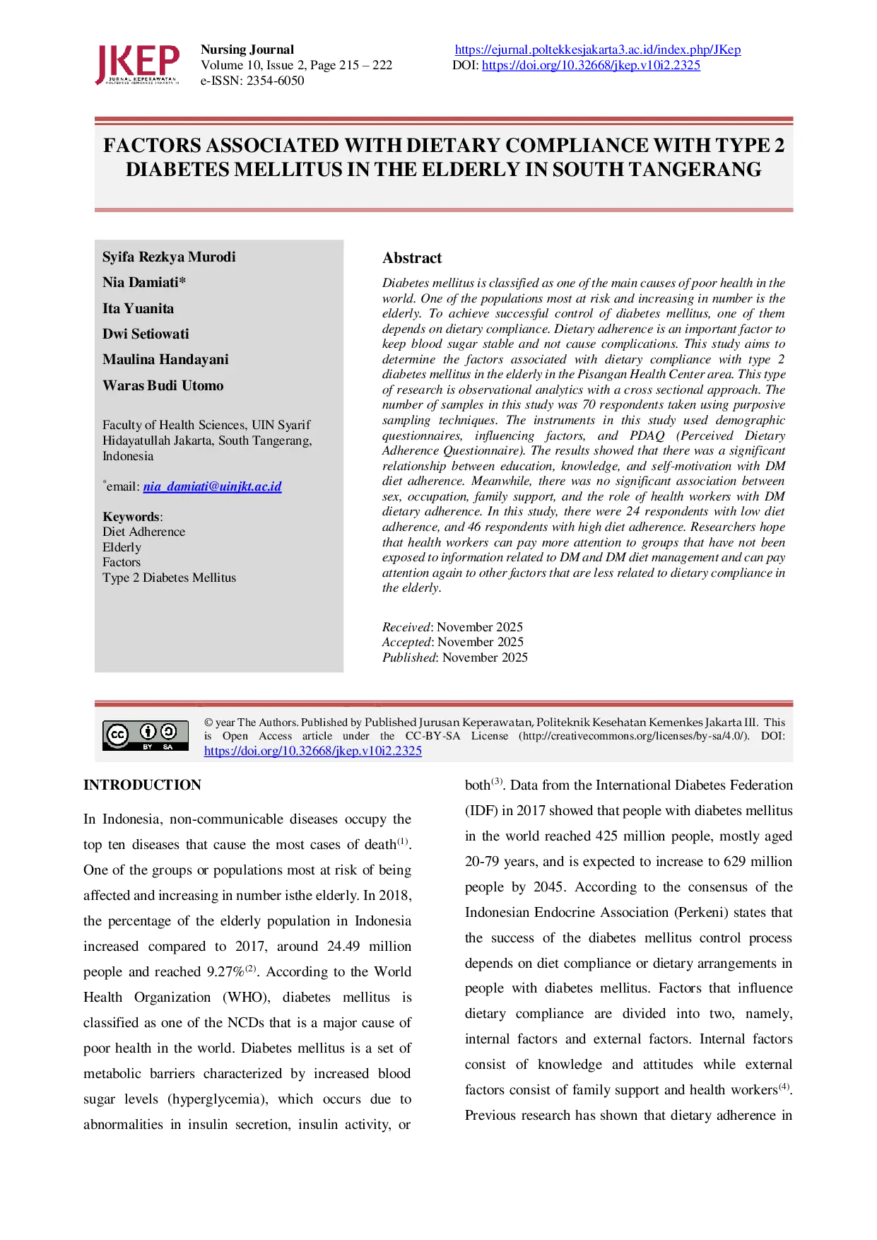 JURIS Factors Associated With Dietary Compliance With Type 2 Diabetes Mellitus In The Elderly In South Tangerang