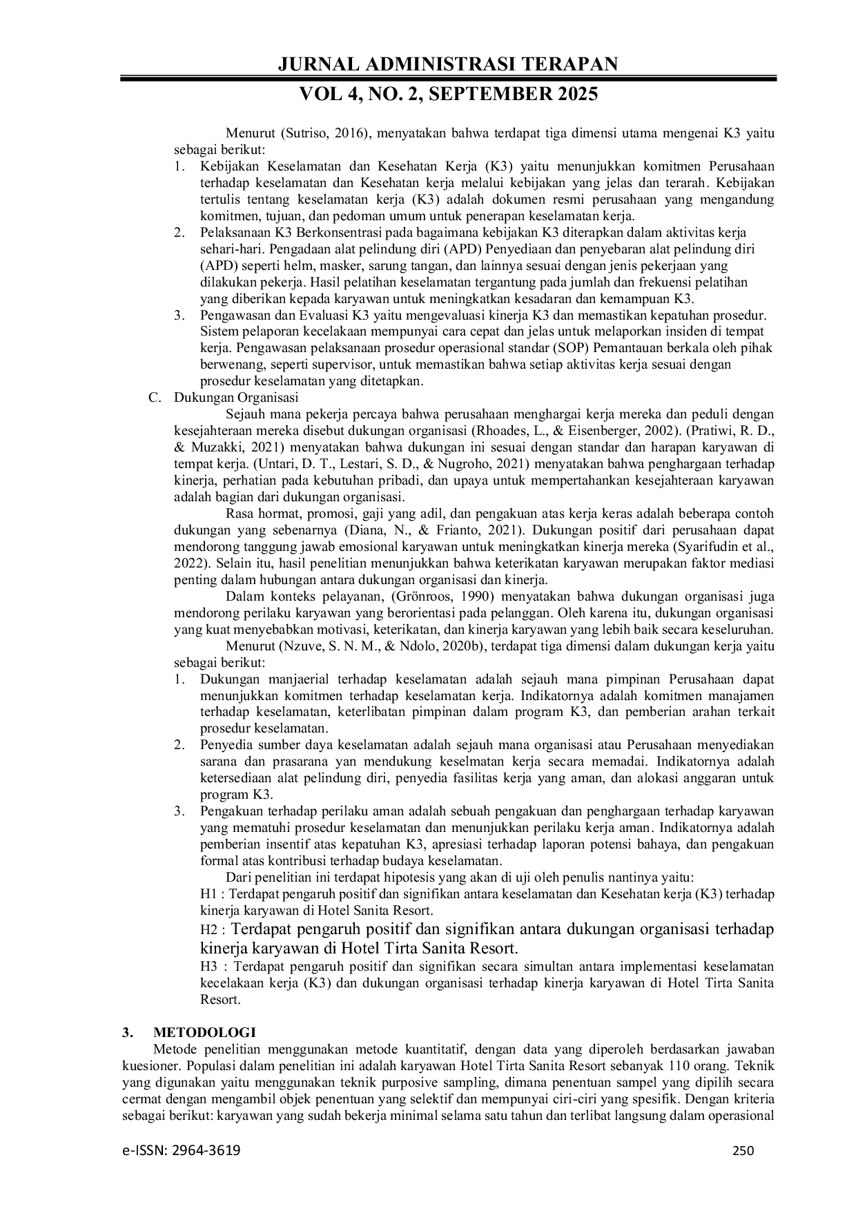 JURIS Pengaruh Implementasi Keselamatan Kecelakaan Kerja K3 dan Dukungan Organisasi Terhadap Kinerja Karyawan di Hotel Tirta Sanita Resort