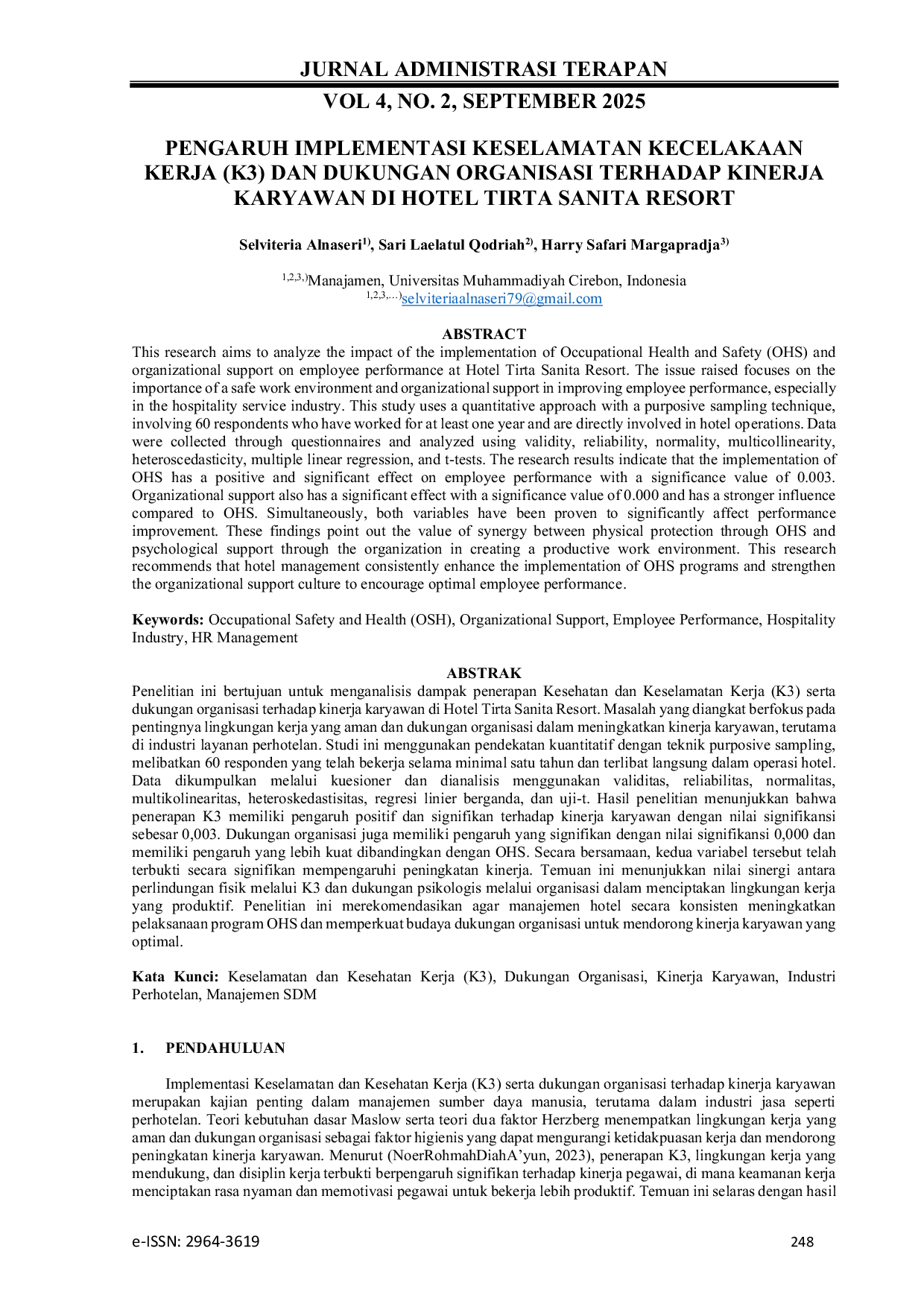 JURIS Pengaruh Implementasi Keselamatan Kecelakaan Kerja K3 dan Dukungan Organisasi Terhadap Kinerja Karyawan di Hotel Tirta Sanita Resort