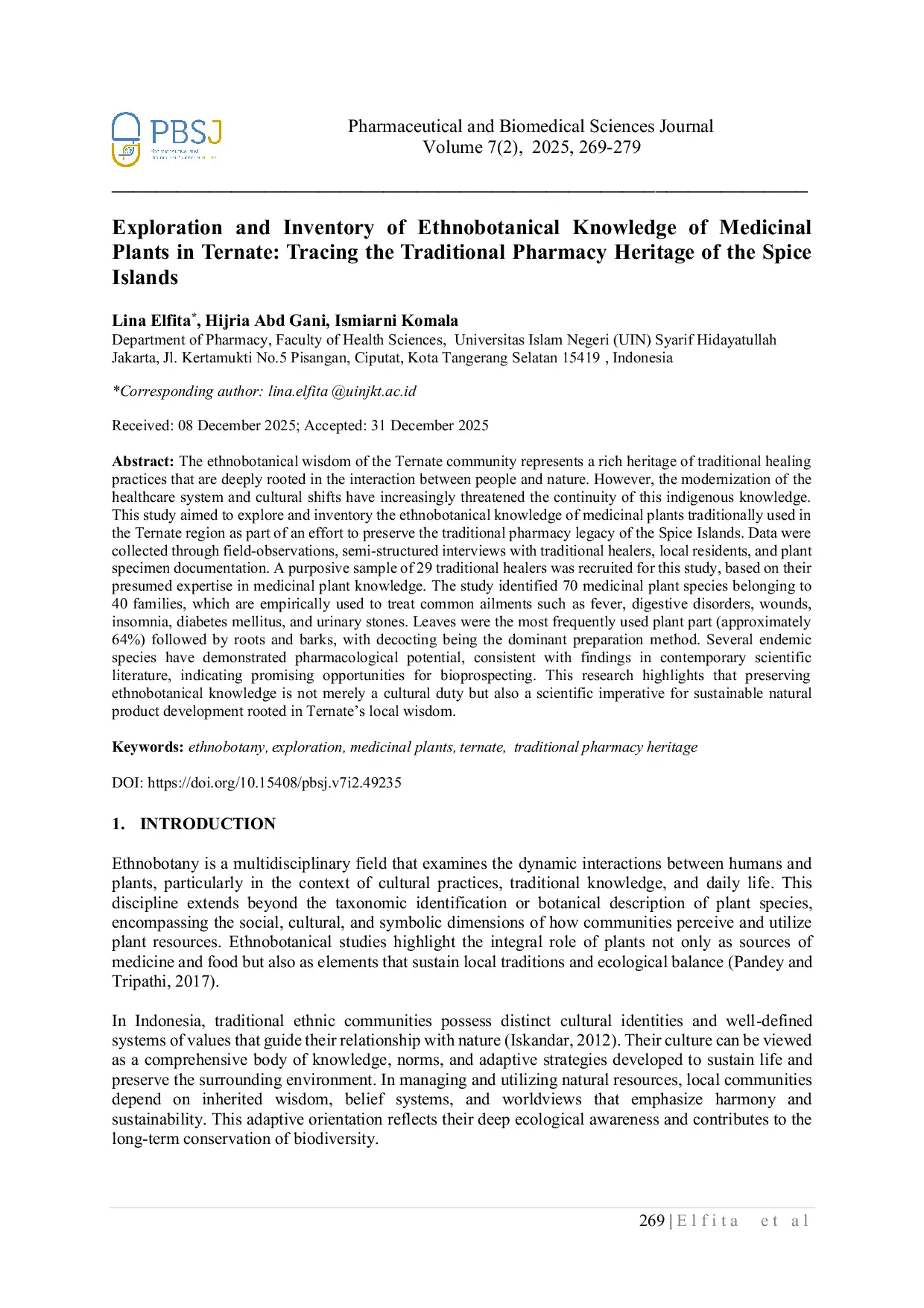 JURIS Exploration and Inventory of Ethnobotanical Knowledge of Medicinal Plants in Ternate Tracing the Traditional Pharmacy Heritage of the Spice Islands