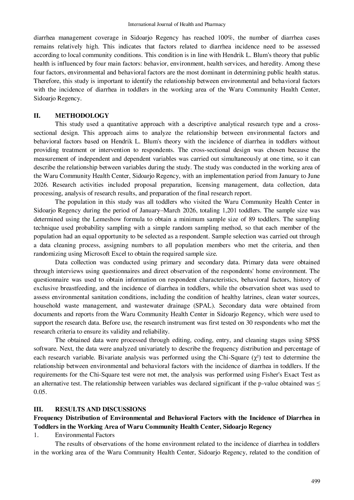JURIS The Relationship between Environmental and Behavioral Factors and the Incidence of Diarrhea in Toddlers in the Work Area of the Waru Community Health Center Sidoarjo Regency