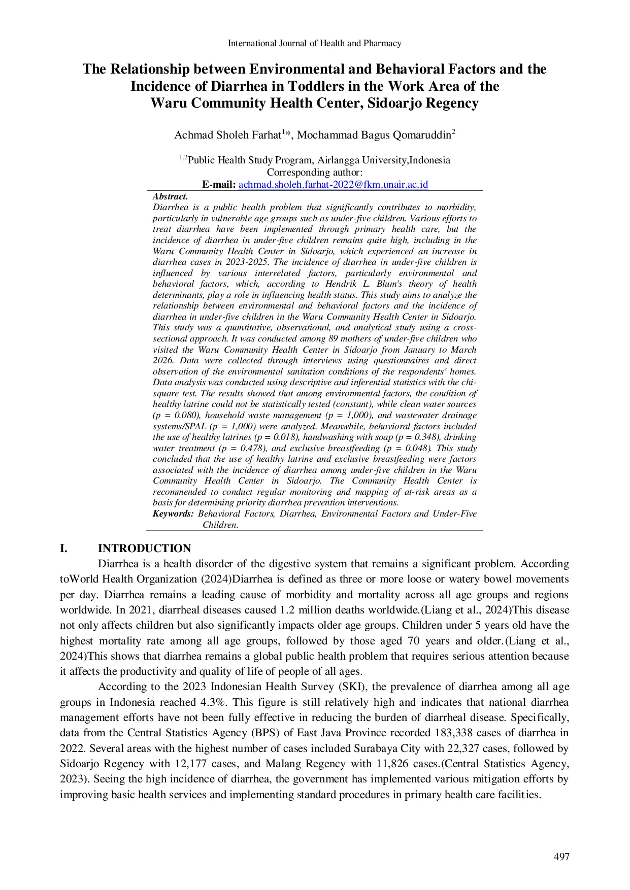JURIS The Relationship between Environmental and Behavioral Factors and the Incidence of Diarrhea in Toddlers in the Work Area of the Waru Community Health Center Sidoarjo Regency