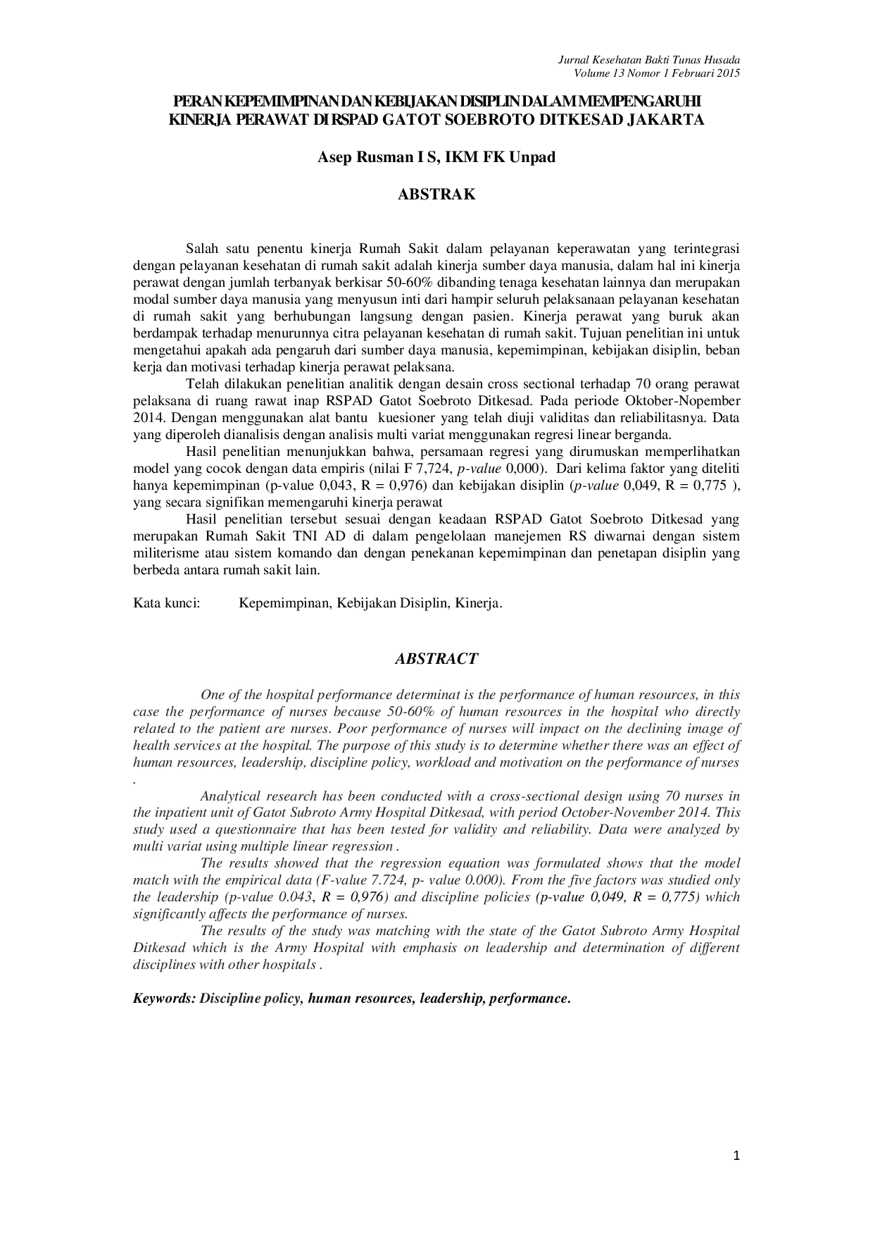 JURIS Peran Kepemimpinan Dan Kebijakan Disiplin Dalam Mempengaruhi Kinerja Perawat Di Rspad Gatot Soebroto Ditkesad Jakarta