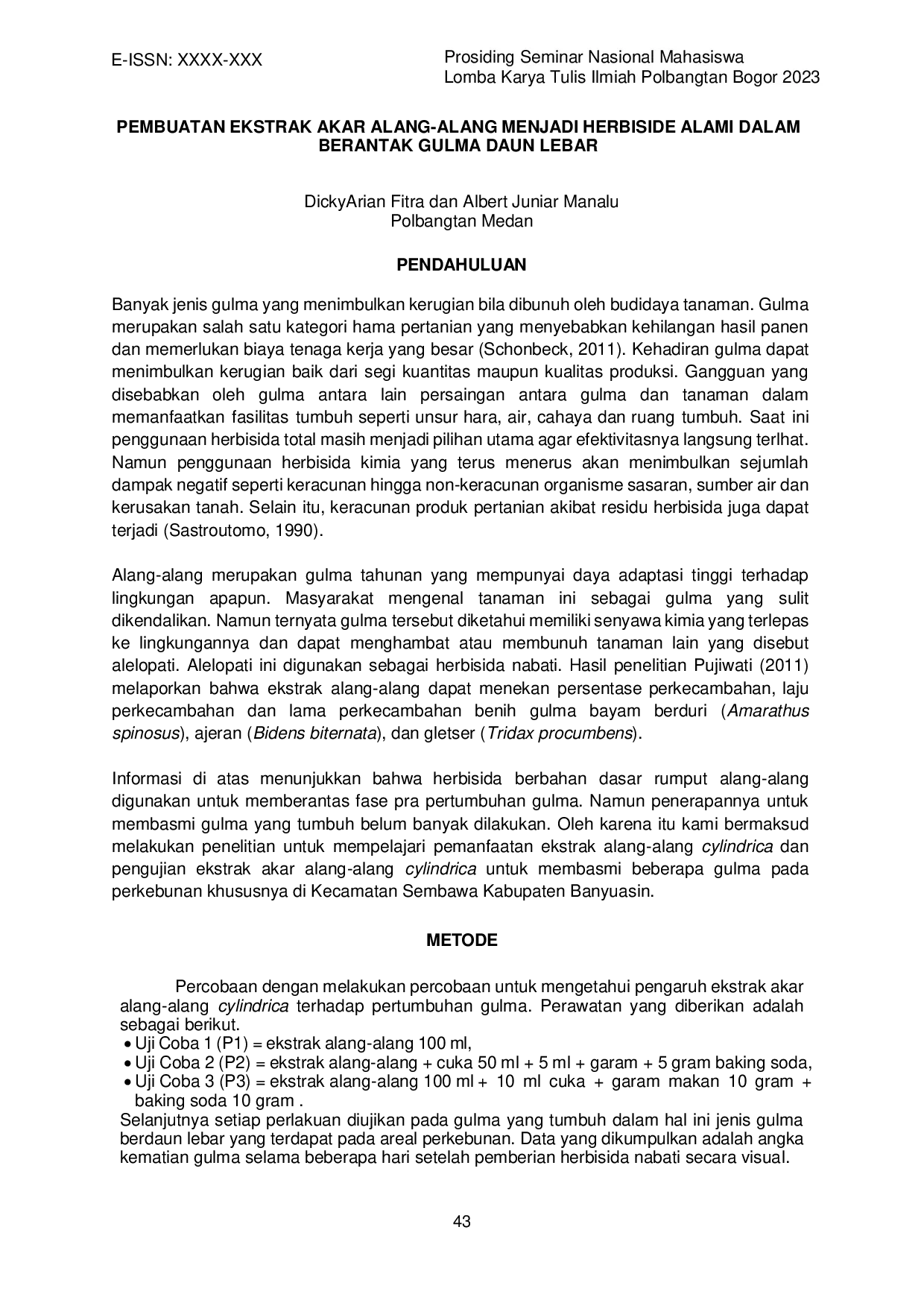 JURIS Pembuatan Ekstrak Akar Alang Alang Menjadi Herbicide Alami dalam Berantas Gulma Daun Lebar