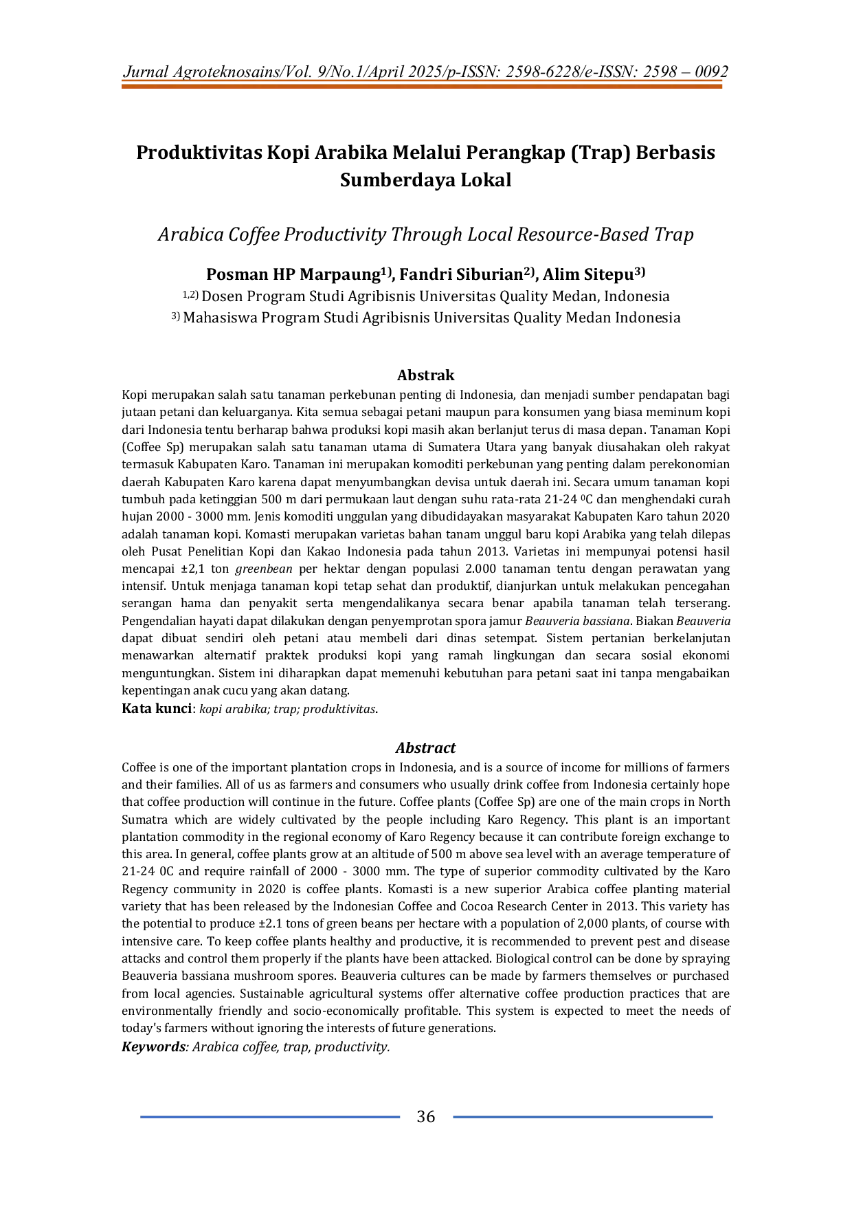 JURIS Produktivitas Kopi Arabika Melalui Perangkap Trap Berbasis Sumberdaya Lokal