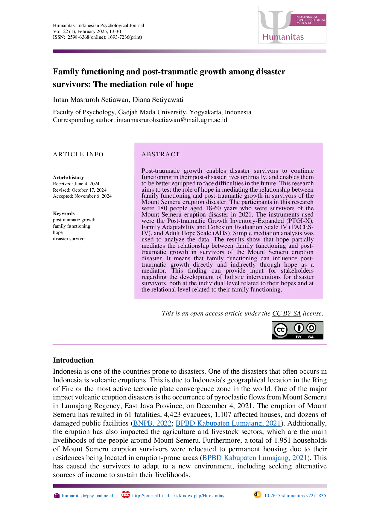 JURIS Family functioning and post traumatic growth among disaster survivors The mediation role of hope