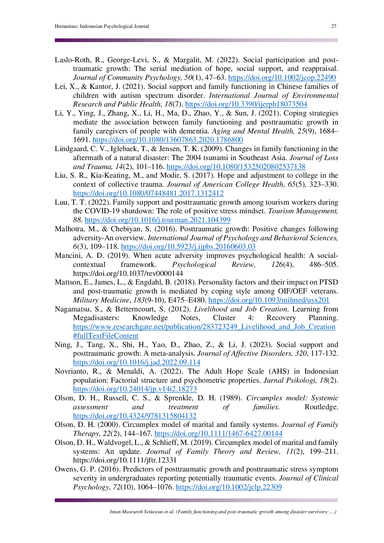 JURIS Family functioning and post traumatic growth among disaster survivors The mediation role of hope