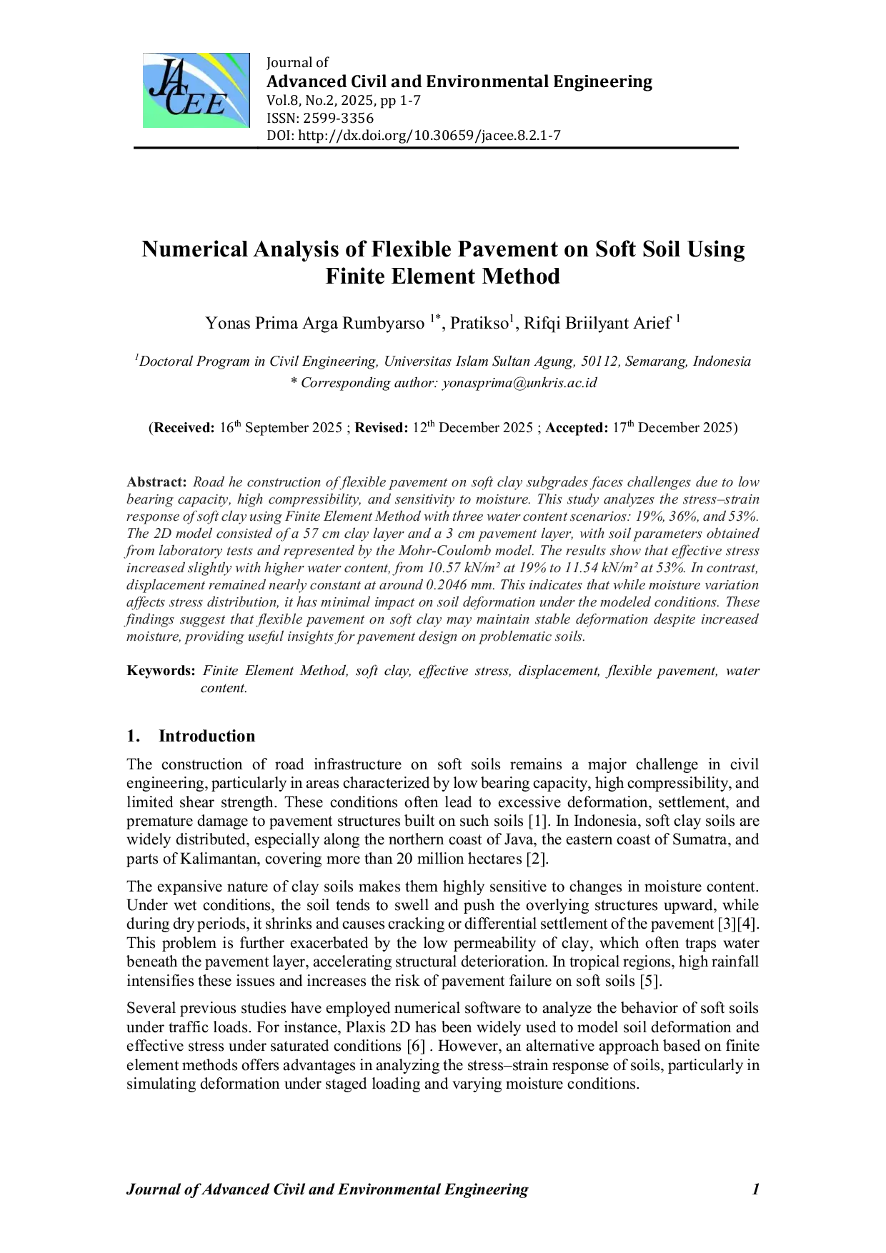 JURIS Numerical Analysis Of Flexible Pavement On Soft Soil Using Finite Element Method