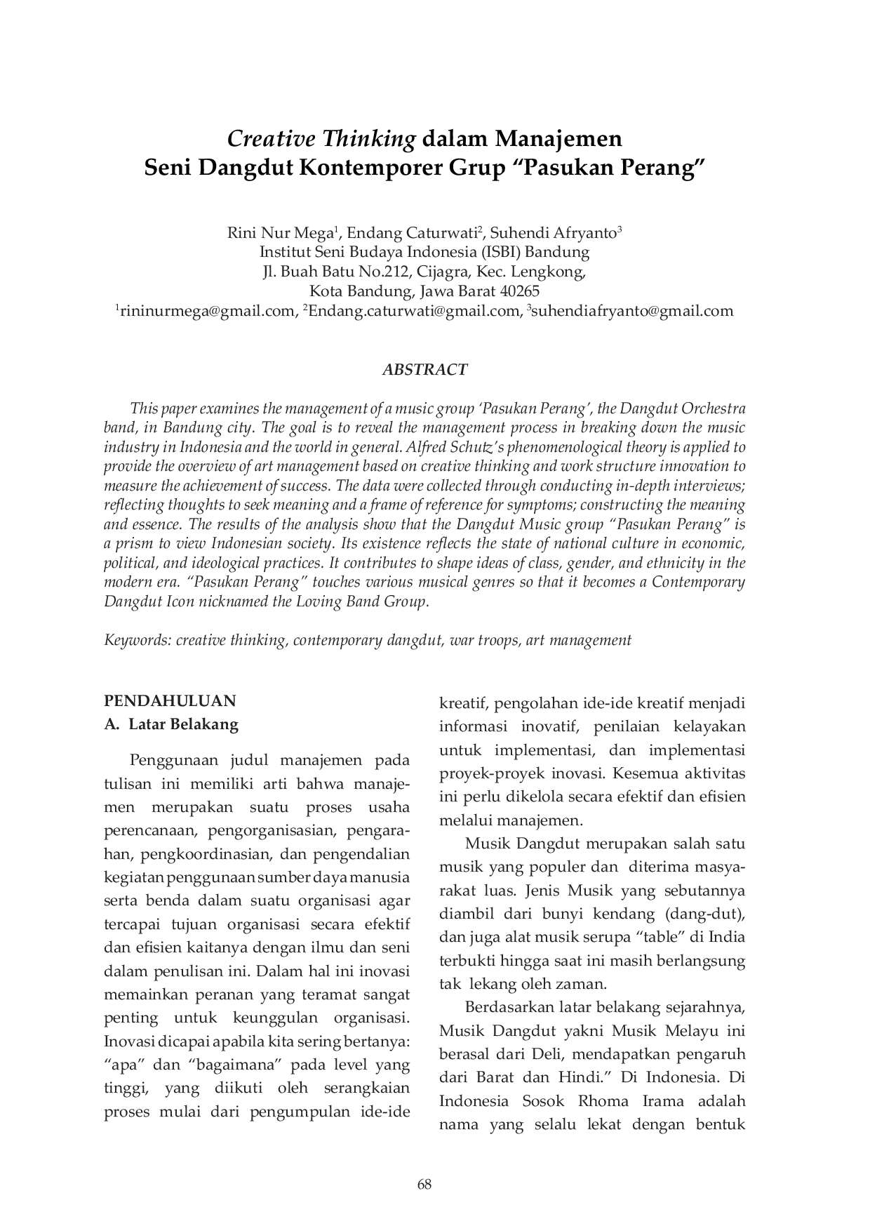 JURIS Creative Thinking dalam Manajemen Seni Dangdut Kontemporer Grup Pasukan Perang
