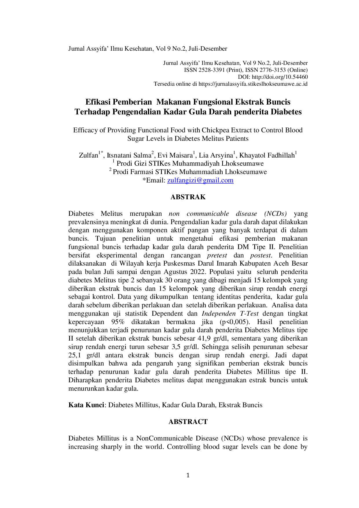 JURIS Efikasi Pemberian Makanan Fungsional Ekstrak Buncis Terhadap Pengendalian Kadar Gula Darah penderita Diabetes Mellitus